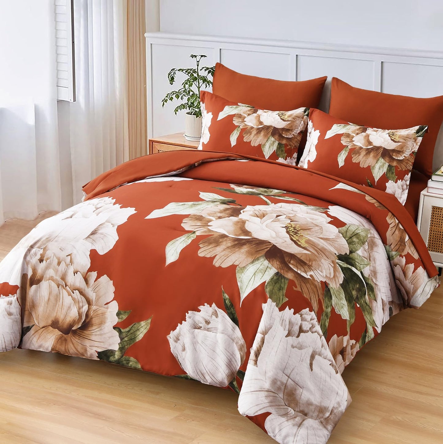 Black Queen Comforter Set 7 Piece Bed in a Bag, Pink Floral Printed