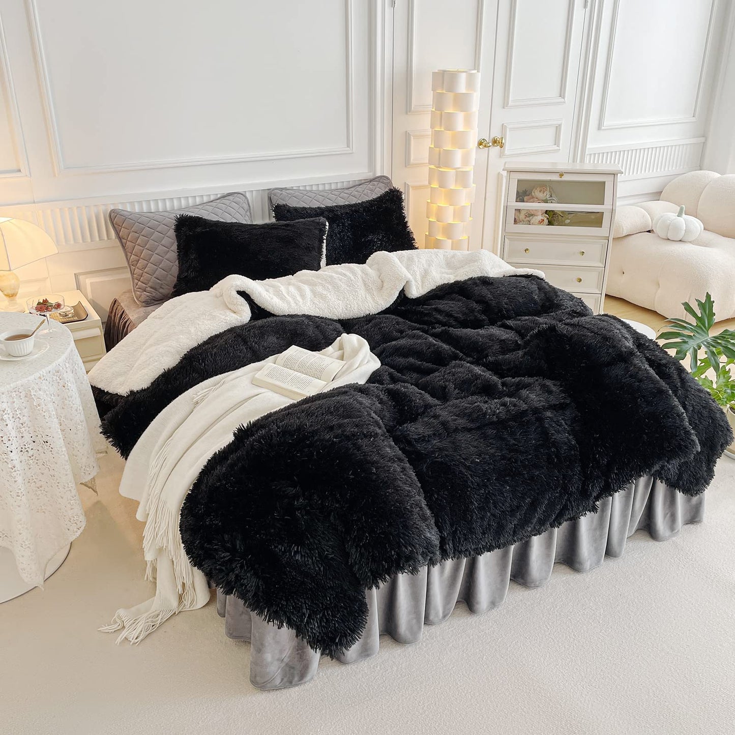 Gray Faux Fur Comforter Set Full/Queen 3 Pieces Bedding Set