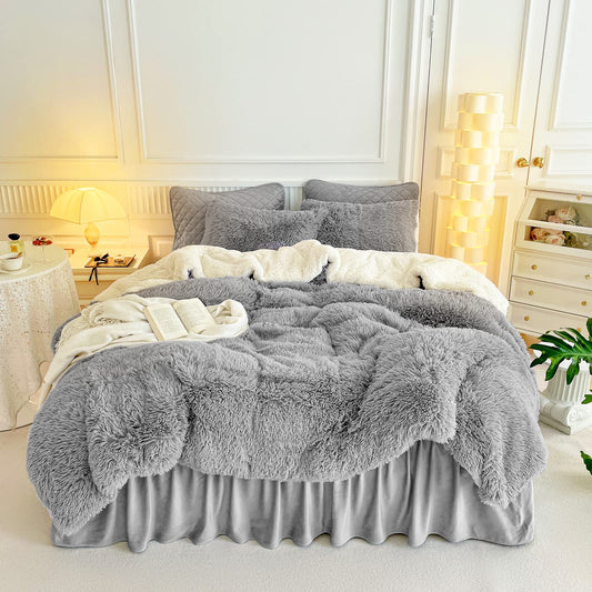 Gray Faux Fur Comforter Set Full/Queen 3 Pieces Bedding Set