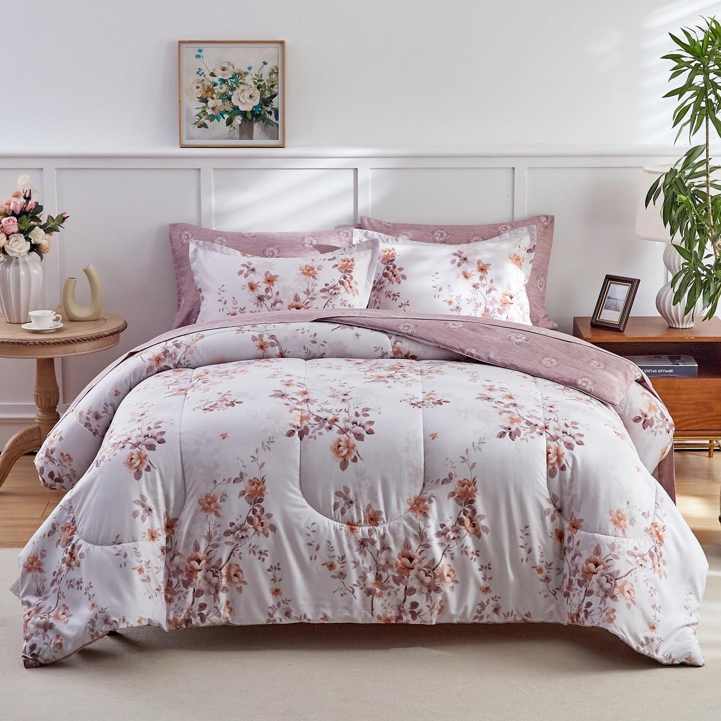 Purple Leaves Bed in a Bag 7 Pieces Floral White Comforter Sheet Set