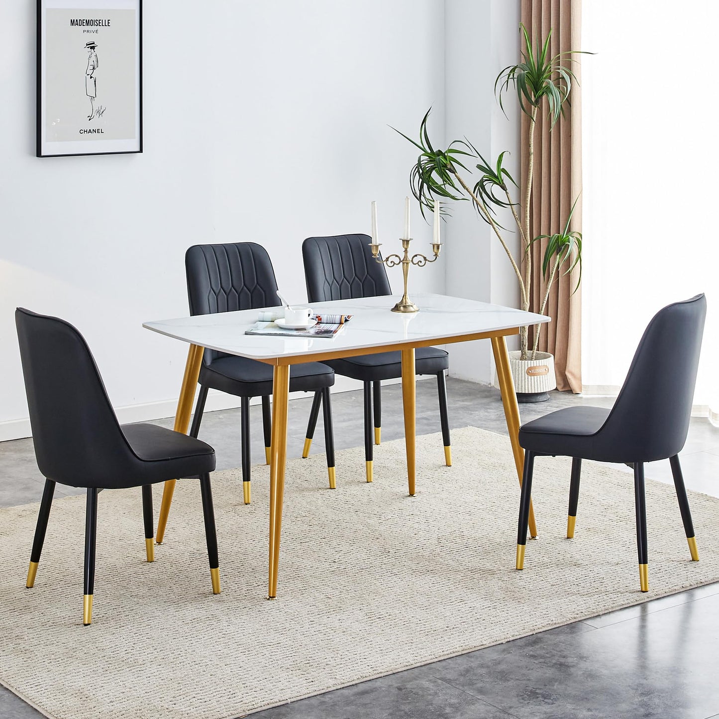 Dining Room Table Set for 4,Sintered Stone Kitchen Table Top and Modern Chairs