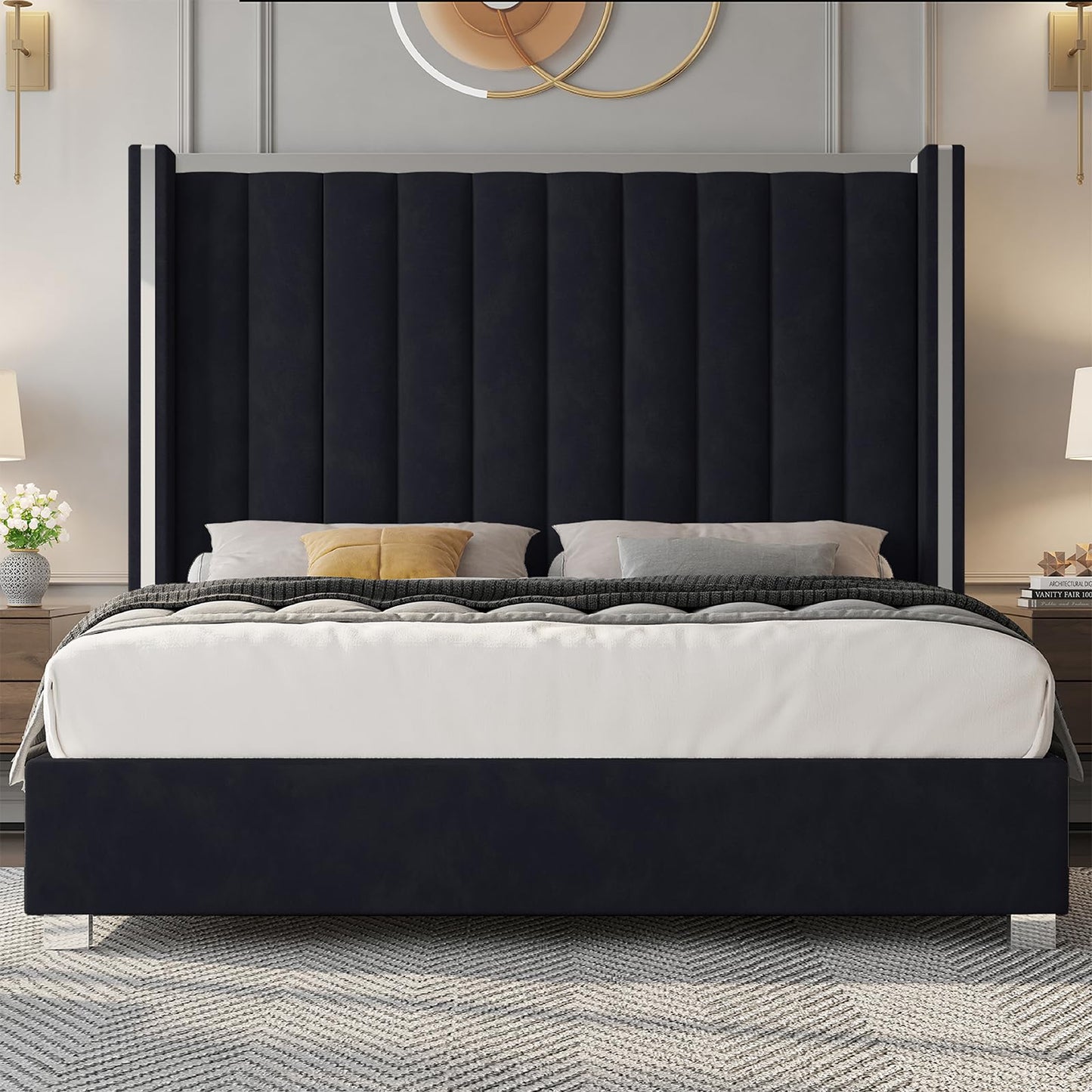 58" Tall Headboard, Velvet Upholstered Platform Bed with Channel Tufted Wingback