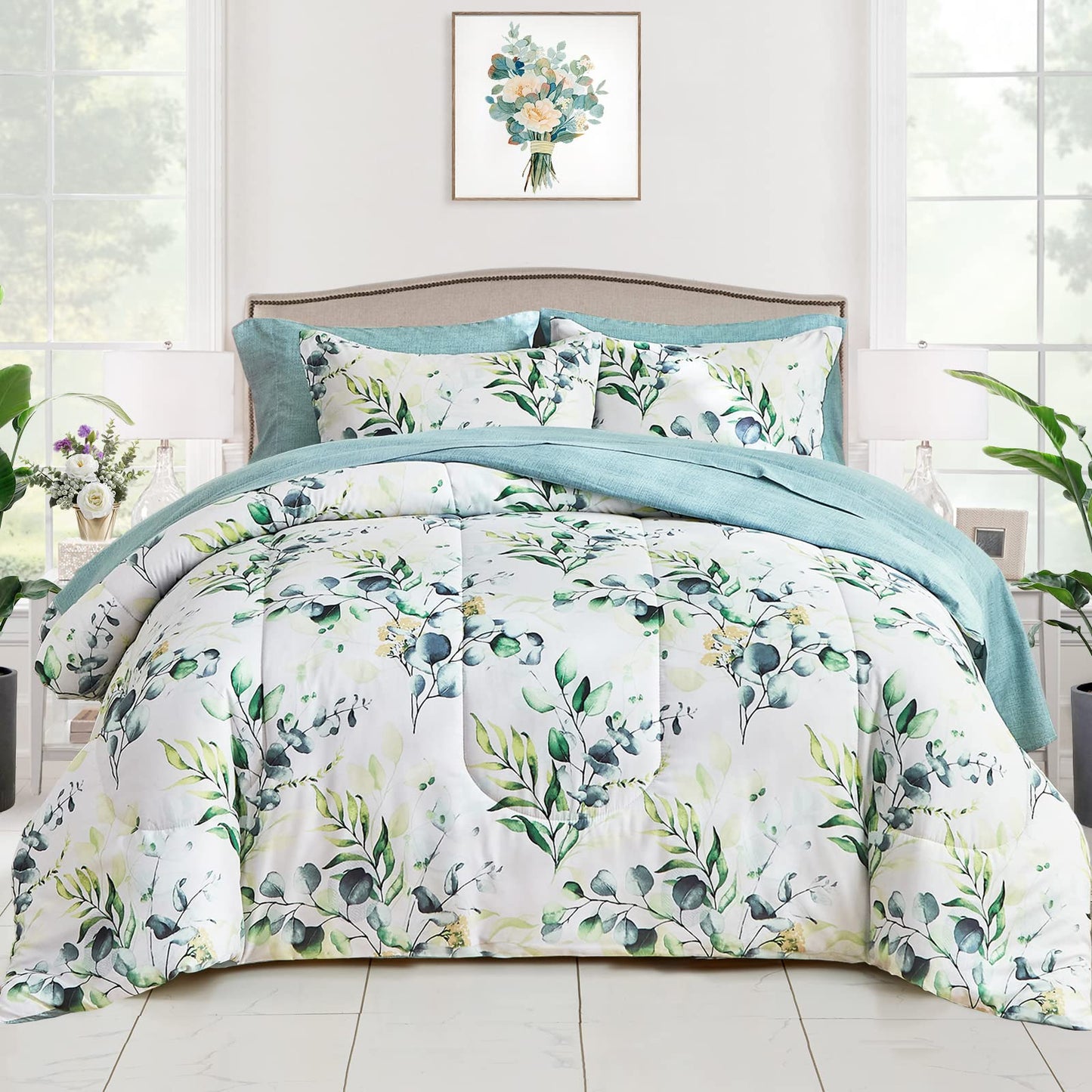 Flower Comforter Sheet Set Gray Bed in a Bag 7 Pieces Queen Size