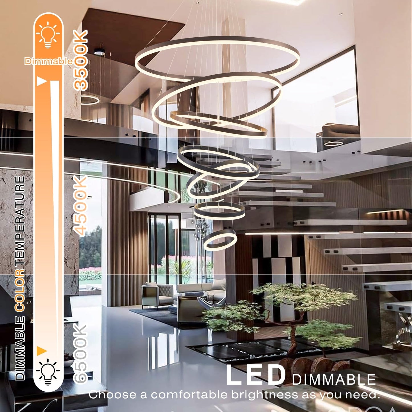 39.37" Larger Chandelier for High Ceilings, 7 Ring Dimmable with Remote