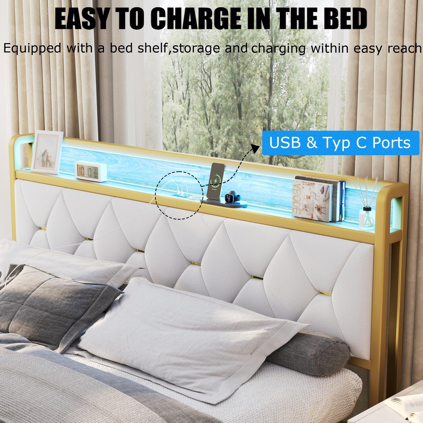 Led King Platform Bed Frame with Faux Leather Storage Headboard