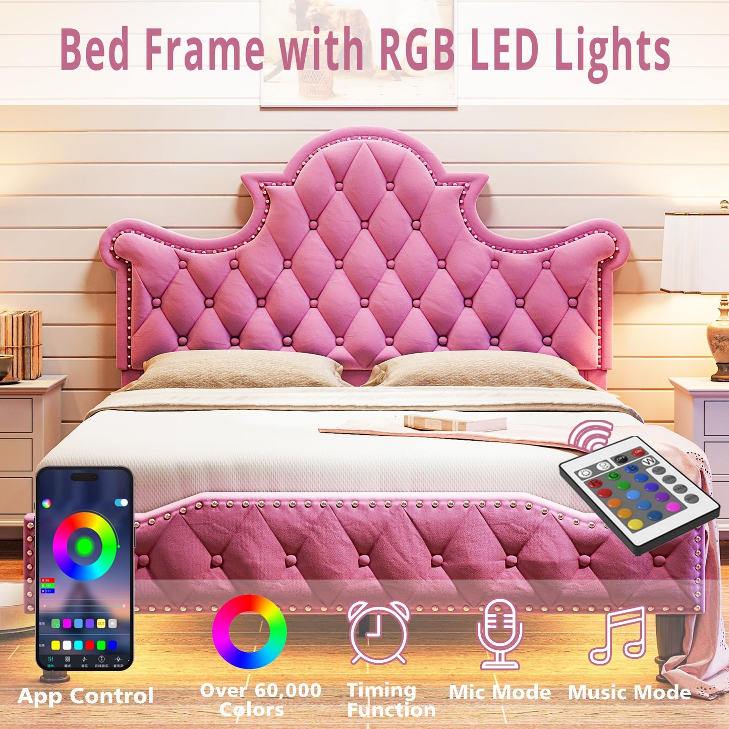 LED Bed Frame, Camas Queen with 58" Tall Tufted Headboard