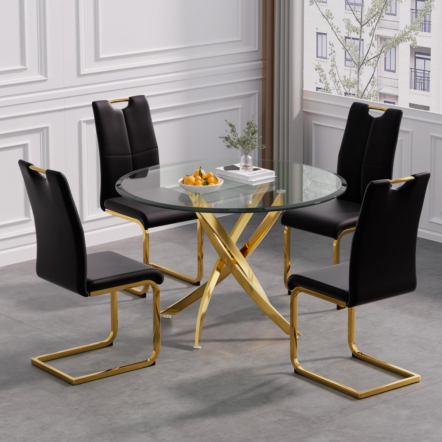 5 Piece Round Glass Dining Table Table Set, Round Glass with 4 PU Dining Chairs