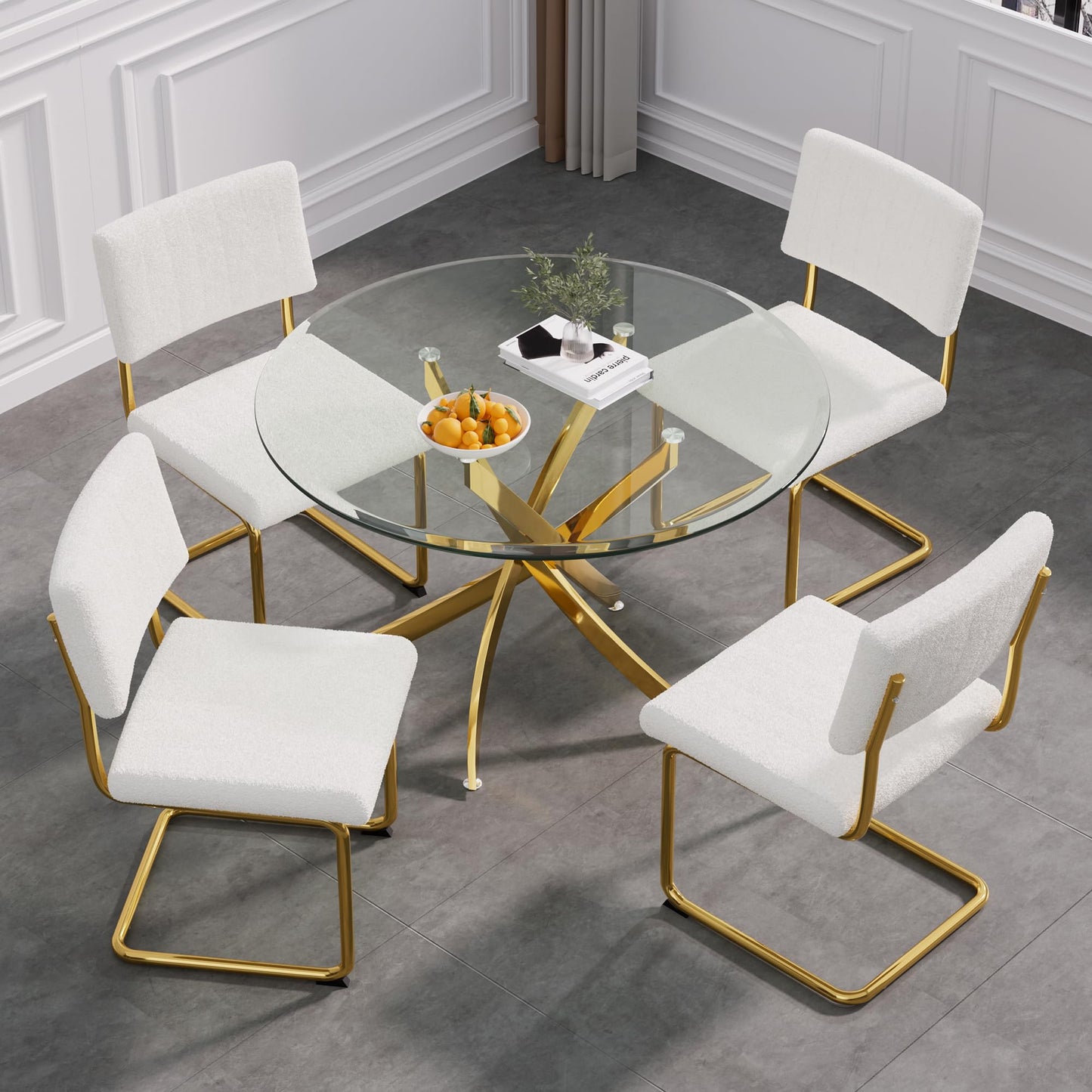 5 Piece Round Glass Dining Table Table Set, Round Glass with 4 PU Dining Chairs