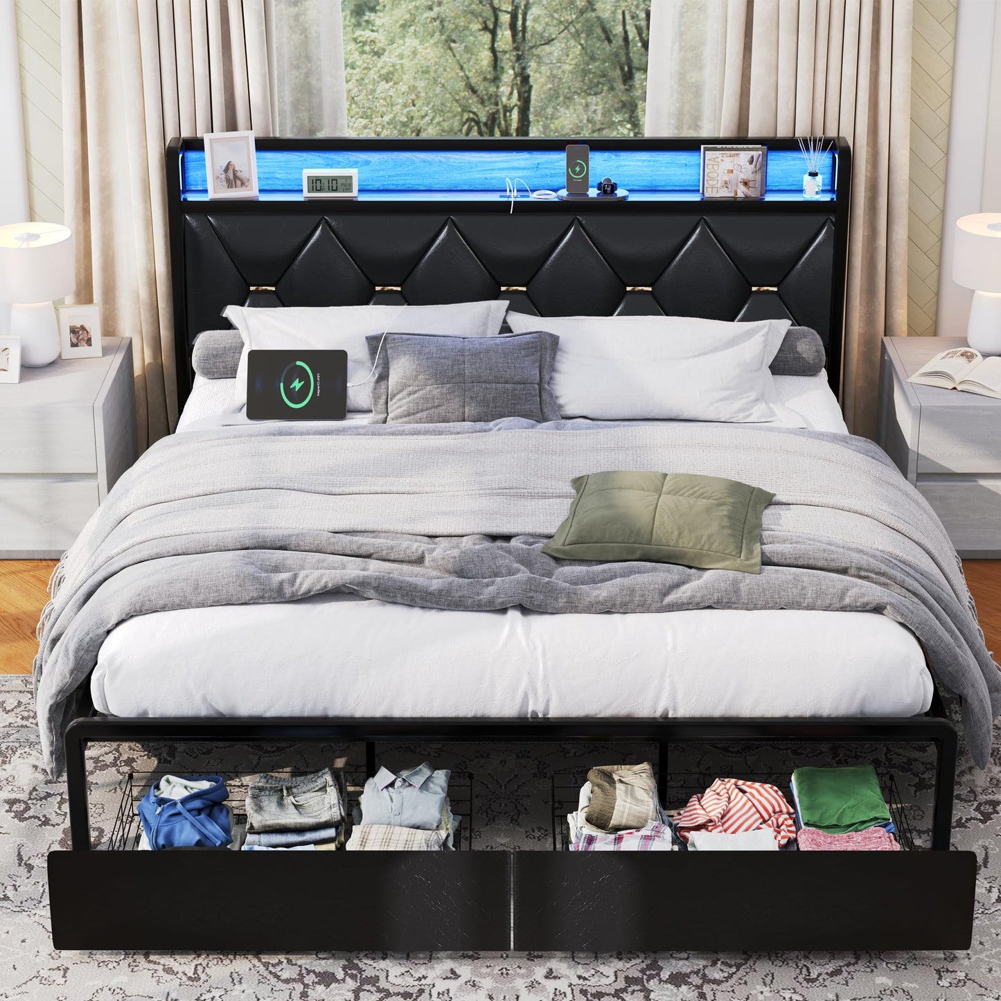 Led King Platform Bed Frame with Faux Leather Storage Headboard