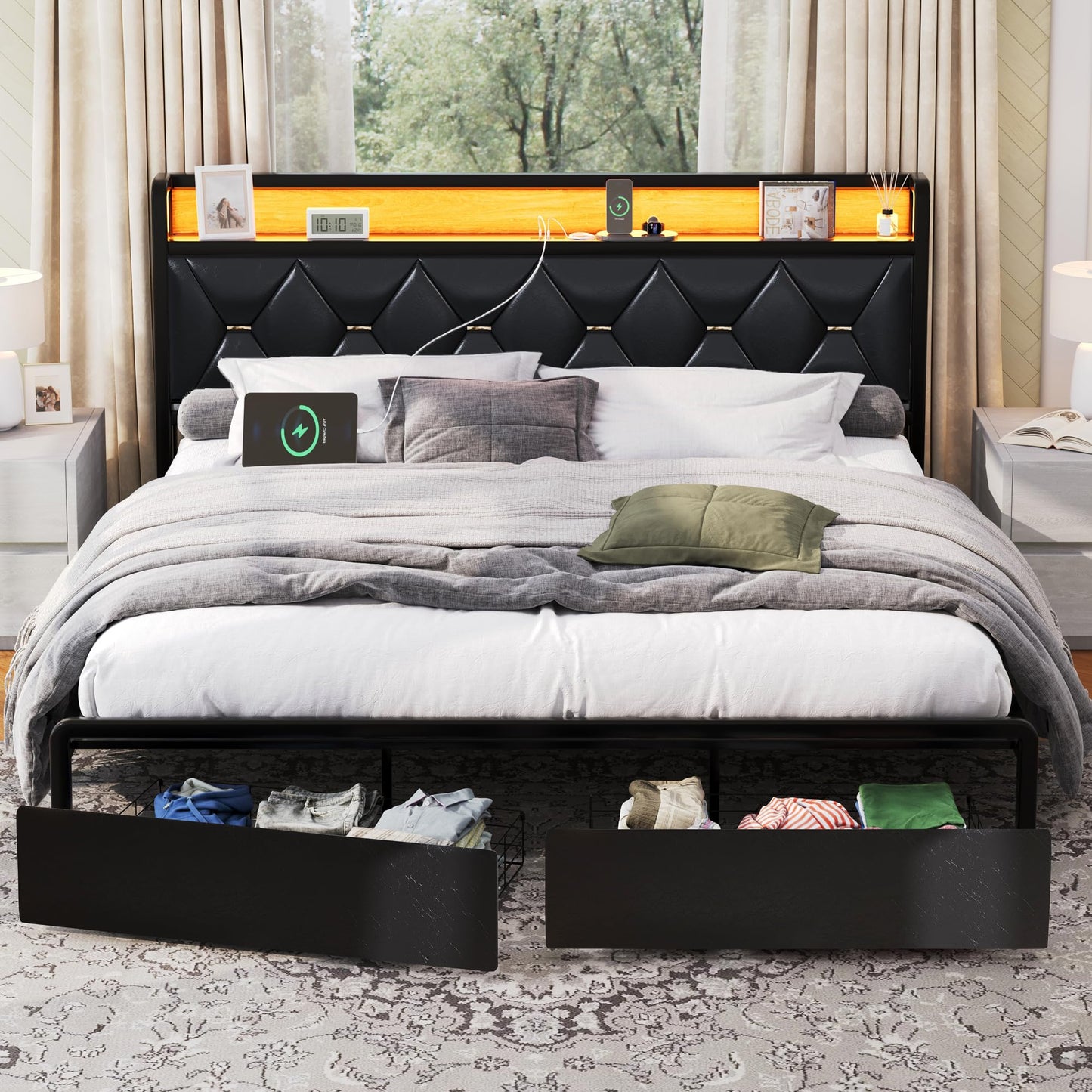 Led King Platform Bed Frame with Faux Leather Storage Headboard