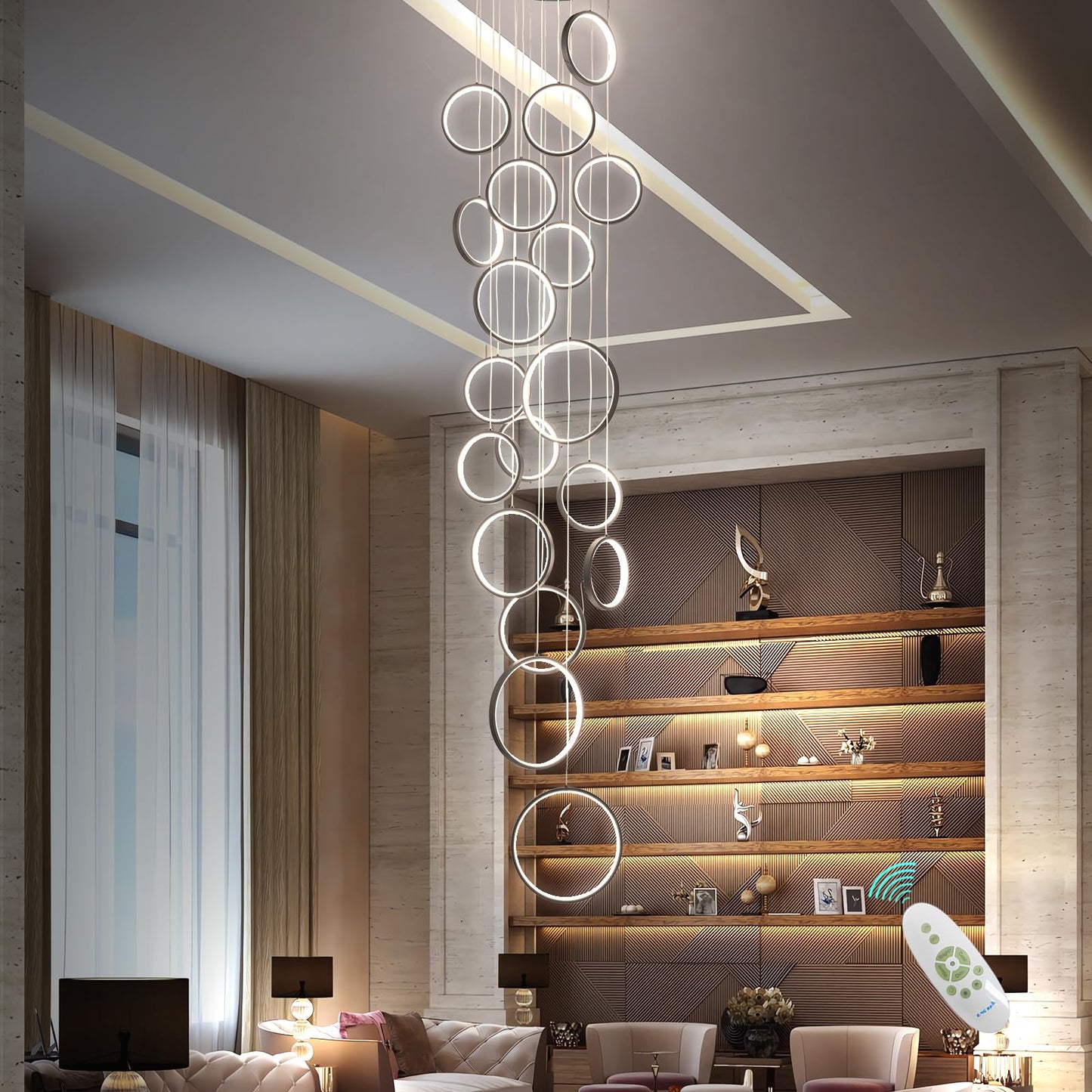 Gold Staircase Hanging 12 Ring Long Led Chandelier Dimmable with Remote Controller