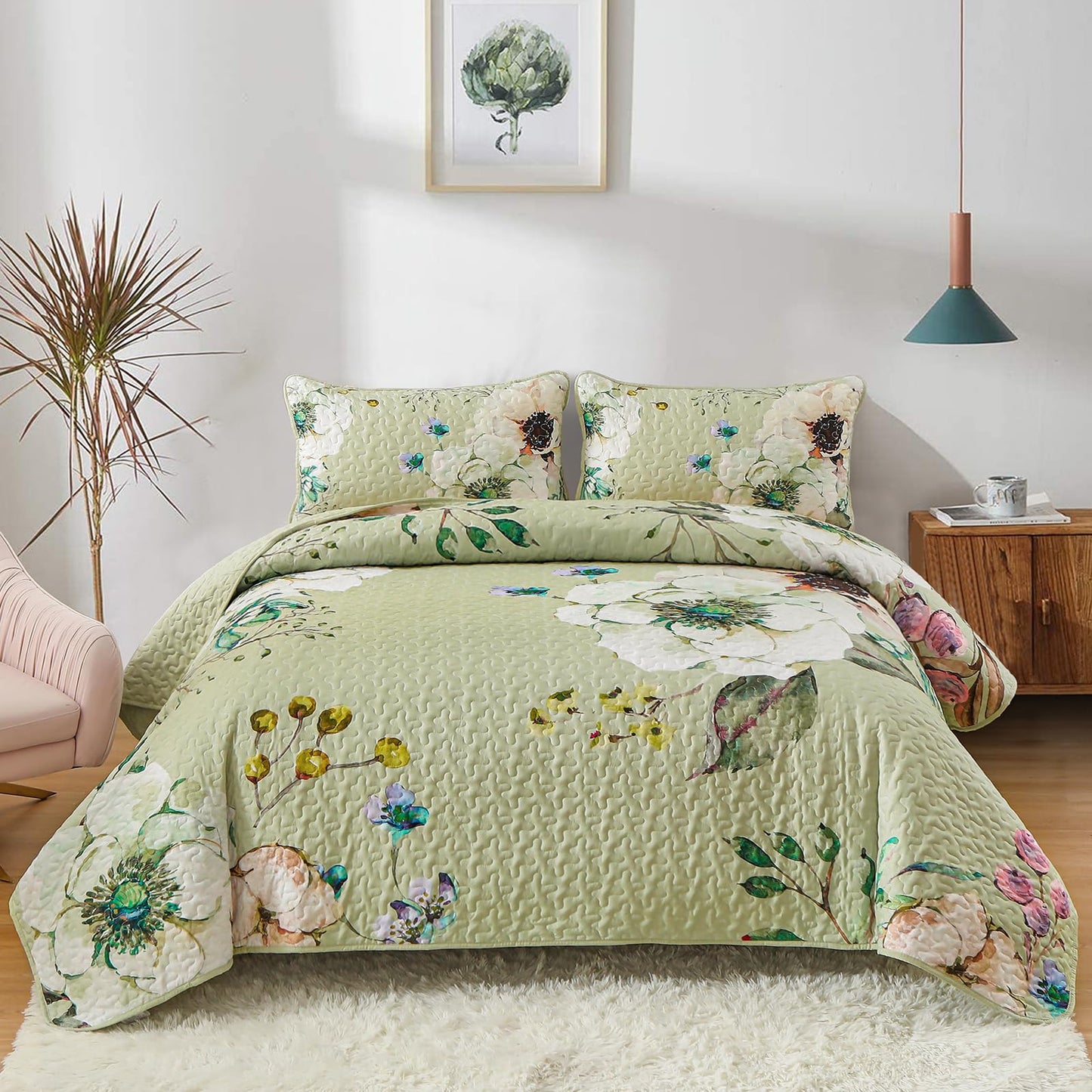 Purple Floral Quilt Set Queen Size, 3 Pieces Botanical Flower Printed