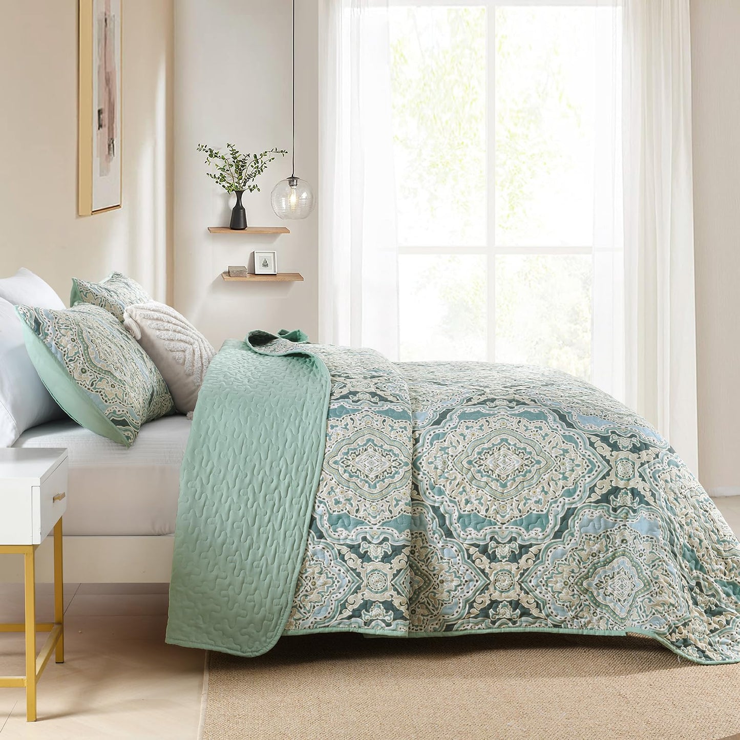 Blue Quilt Set Queen Size Boho Damask Bedspread Sets