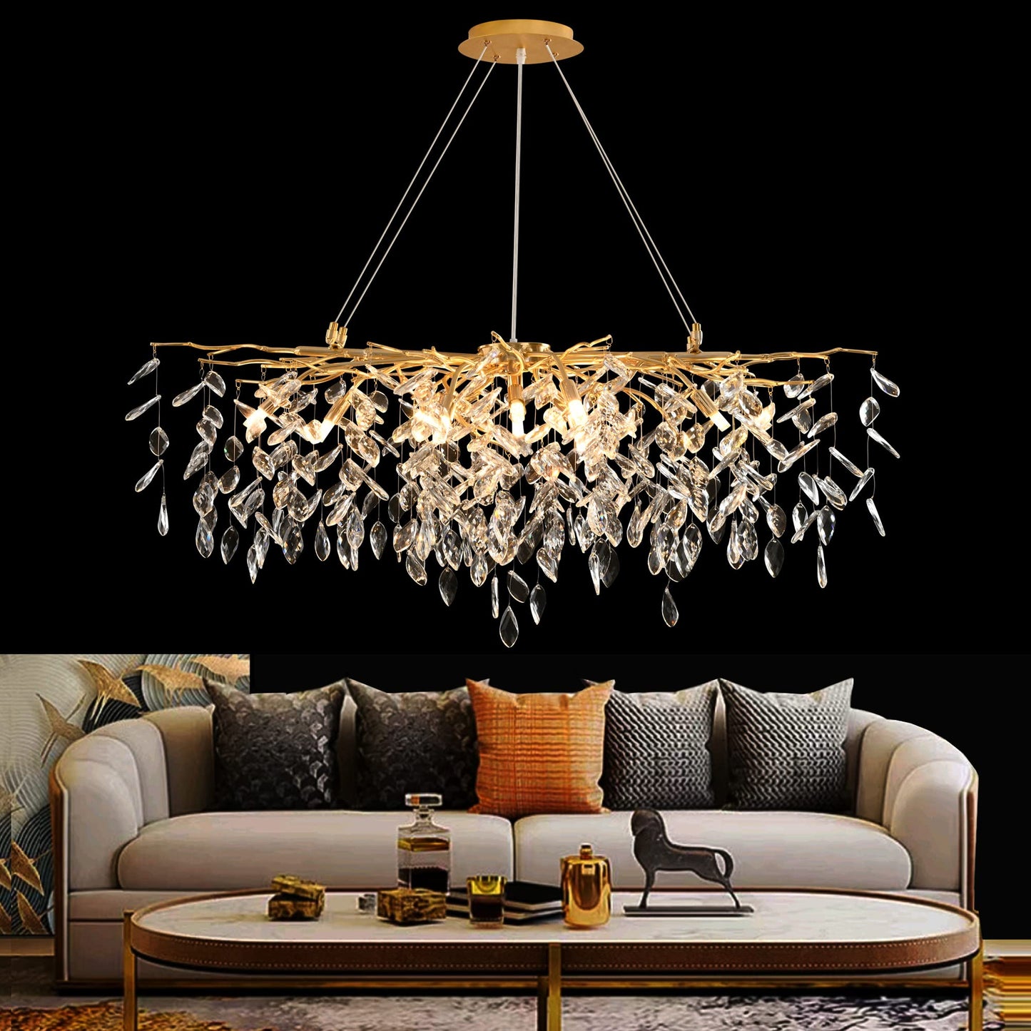 Modern Crystal Tree Branches Chandelier Gold Round Raindrop