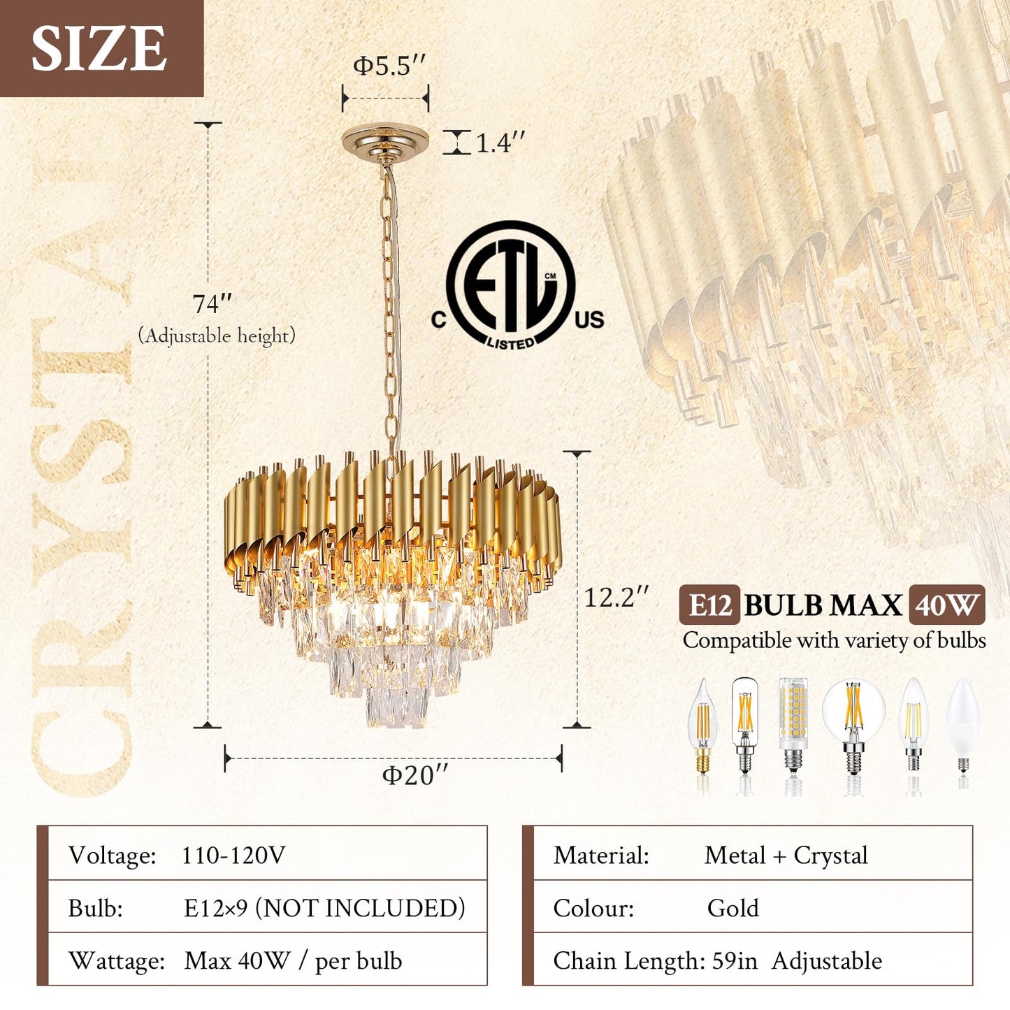 Modern Crystal Chandelier, 20’’ Black and Gold 4 Tiers Crystal