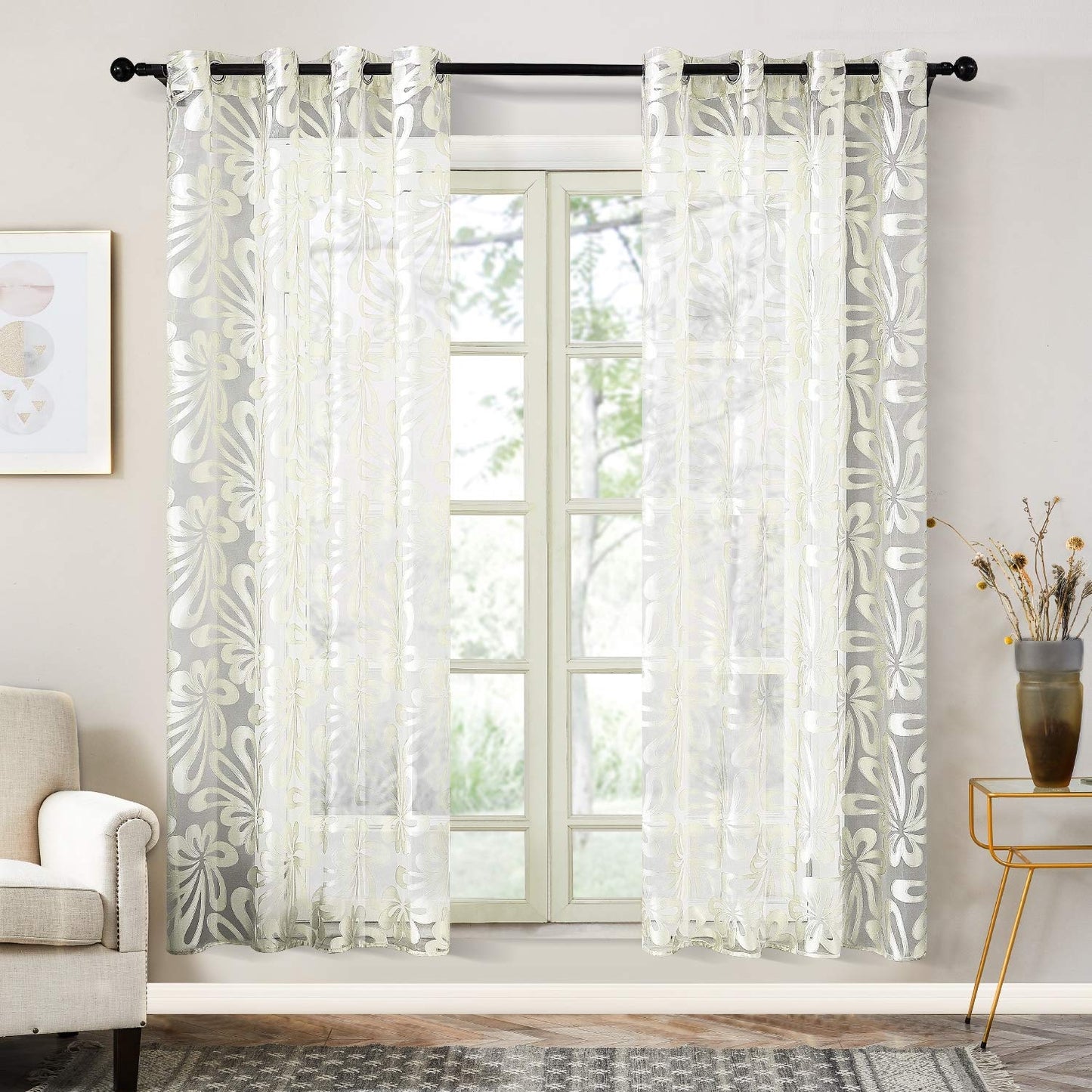 Floral Voile Sheer Curtains 84 Inches Long - Window Treatments 2 Panels