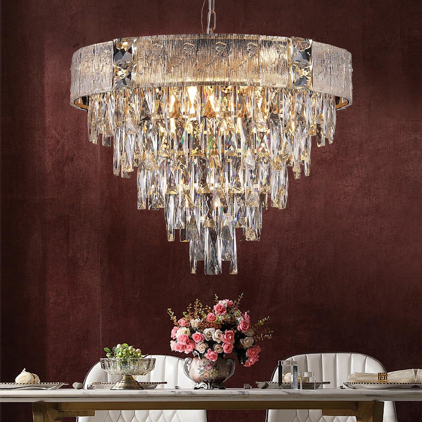 Modern Crystal Chandelier, 20’’ Black and Gold 4 Tiers Crystal