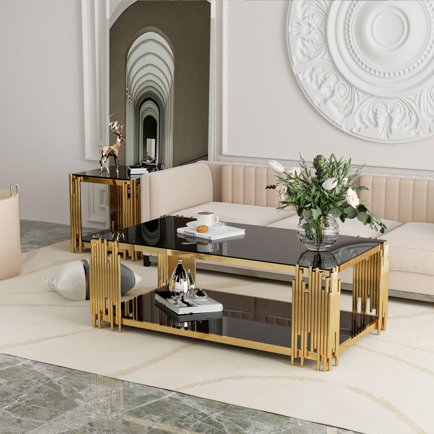 Modern Living Room Table Gold Stainless Steel Metal Leg Rectangular