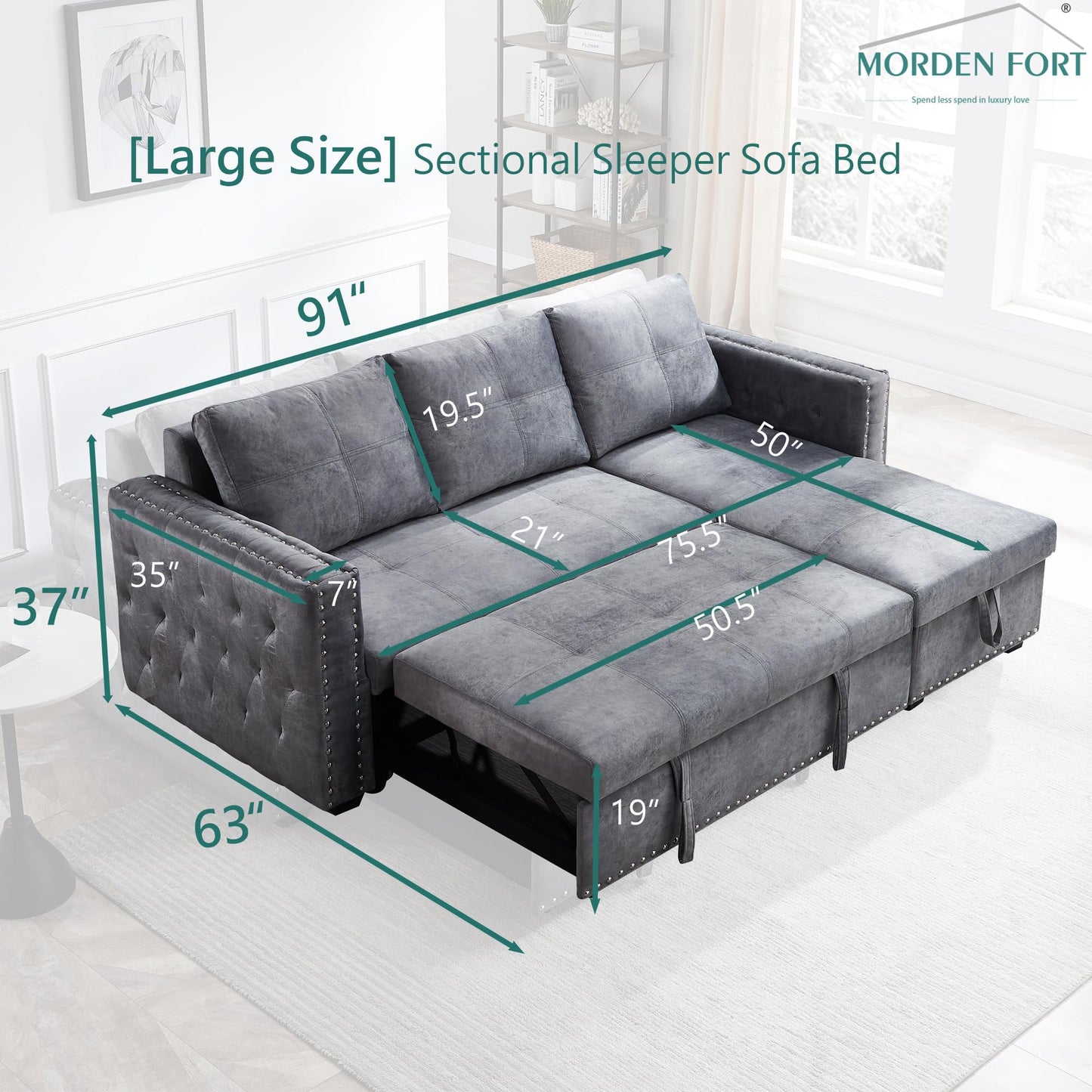 Reversible Sectional Comfy Sleeper Sofa with Pull Out Bed Storage Oversized 91 inches