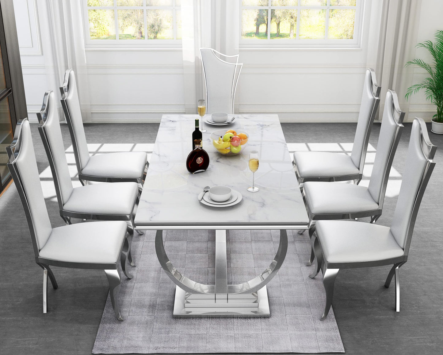 70 Inch White Marble Kitchen Table with Gold Mirrored Cabriole Legs