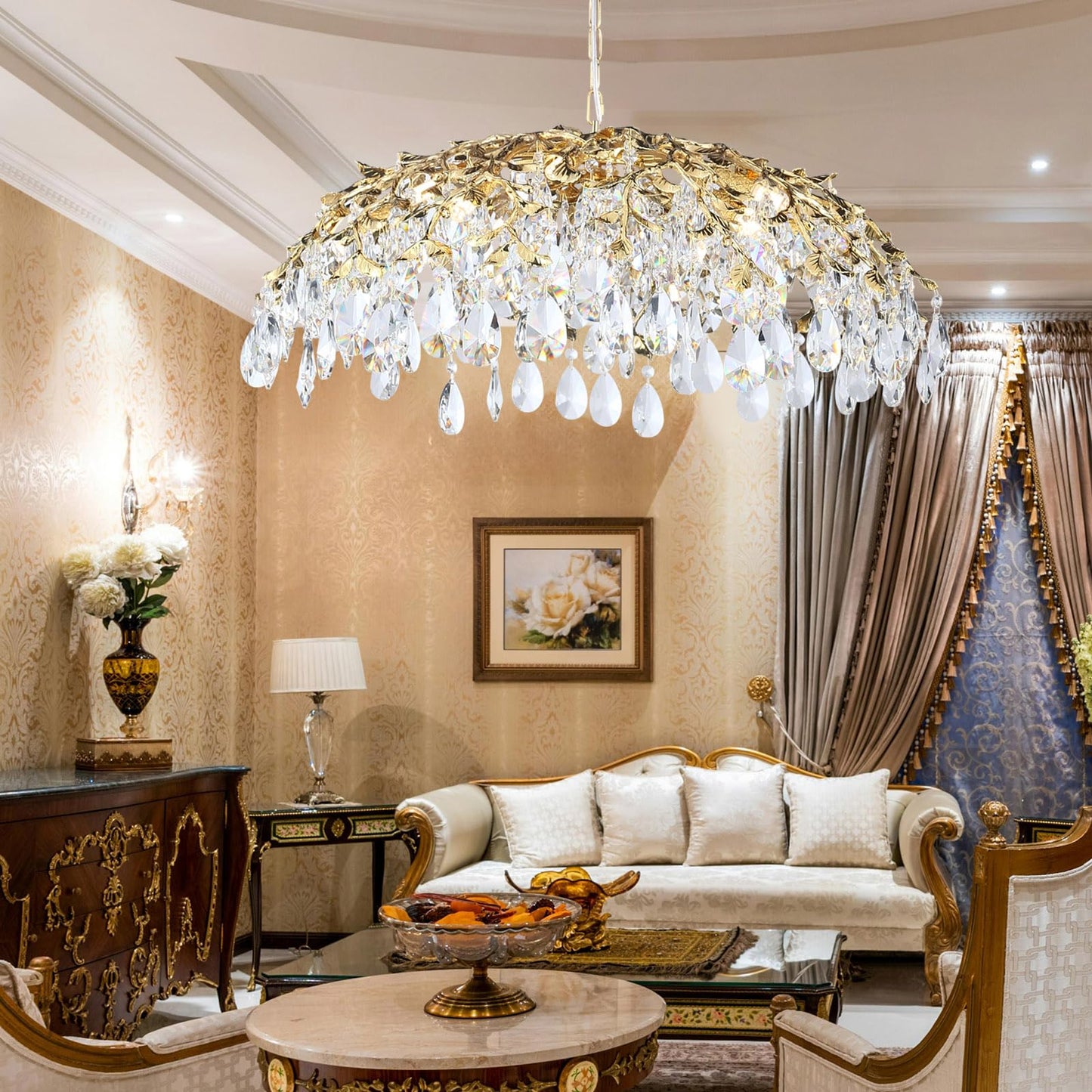 Modern Crystal Chandelier, Gold Pendant Flower Hanging Lighting