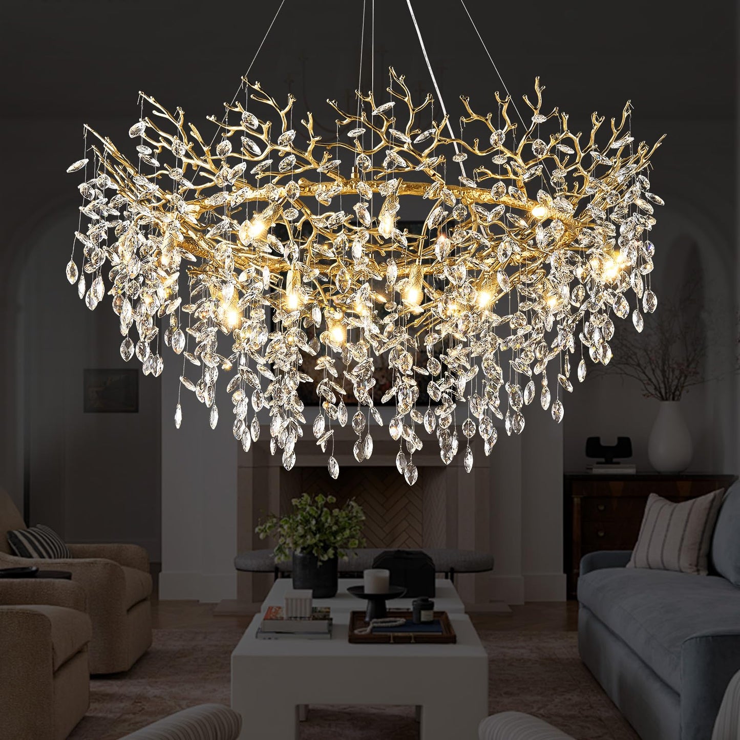 H134'' Modern Crystal Tree Branch Chandelier, Foyer High Ceiling Chandelier