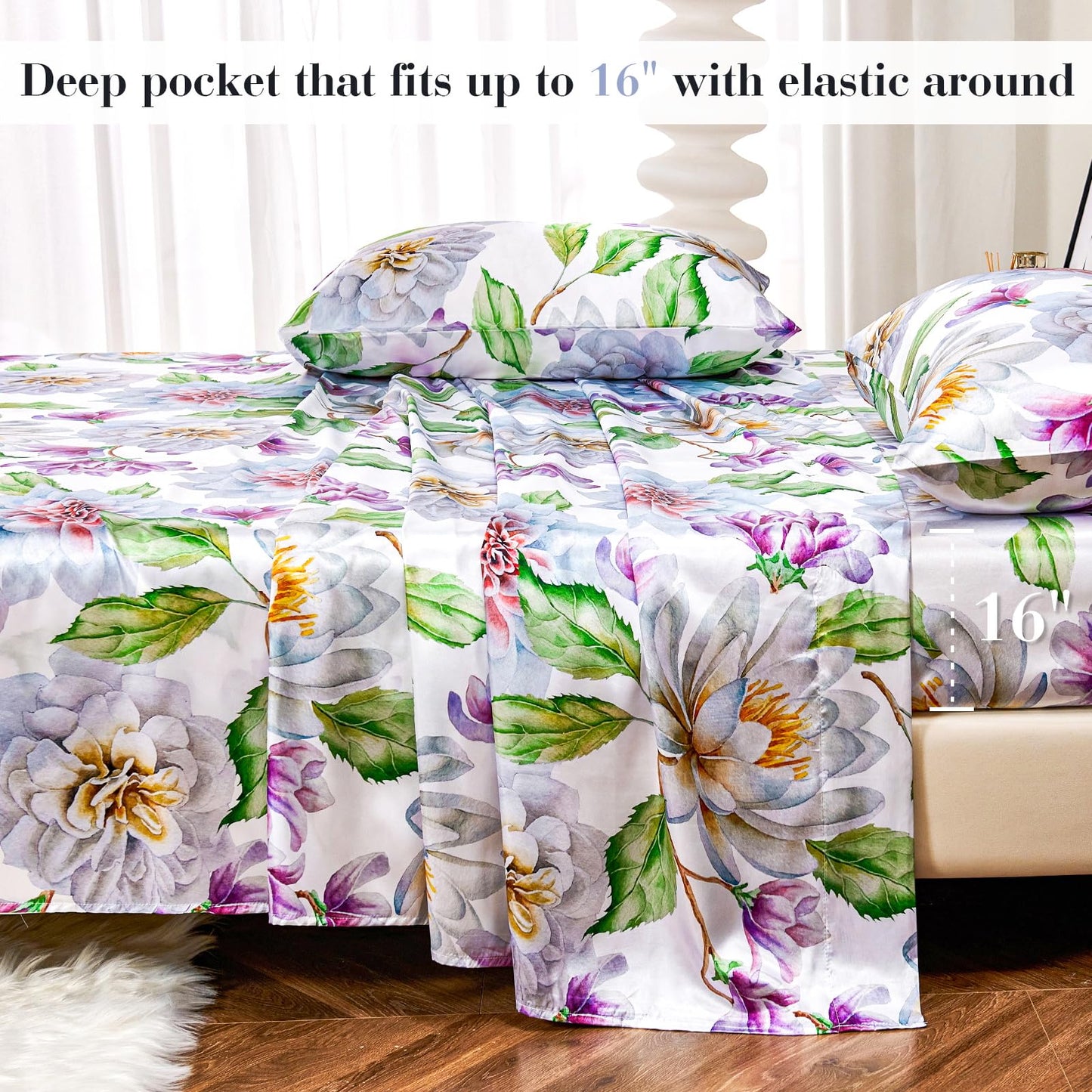 Floral Print - Luxurious Silky Feel Queen Sheet Set - Elegant Smooth Satin Bed Sheets