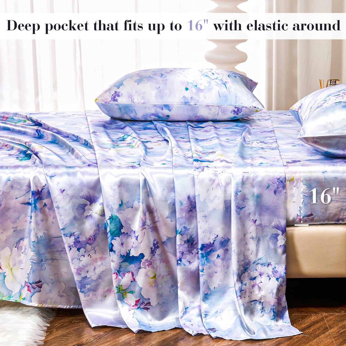 Floral Print - Luxurious Silky Feel Queen Sheet Set - Elegant Smooth Satin Bed Sheets