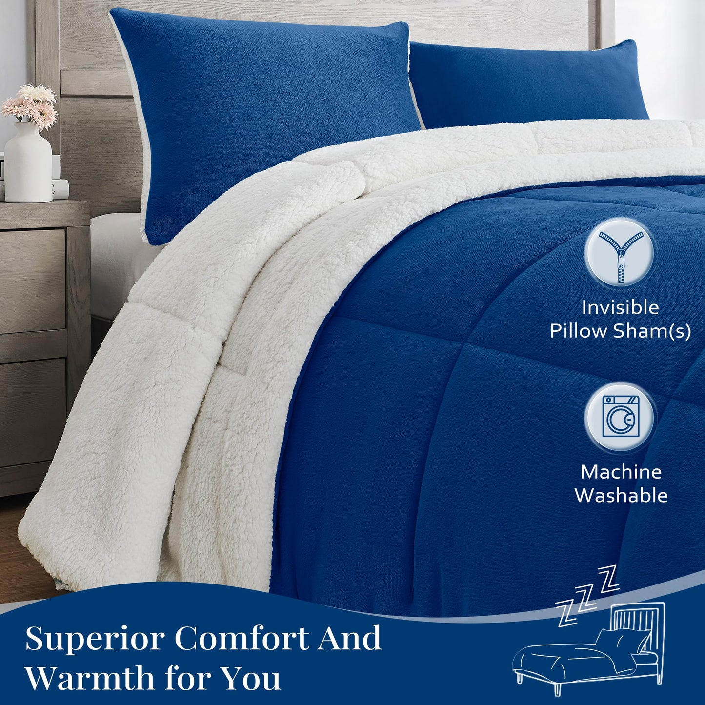 Luxury Fleece Sherpa Comforter Sets for Queen Bed, Soft and Warm Set