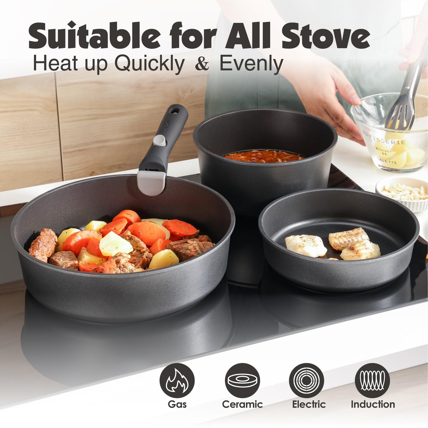 17 Piece Pots and Pans Set, Nonstick Detachable Handle Cookware