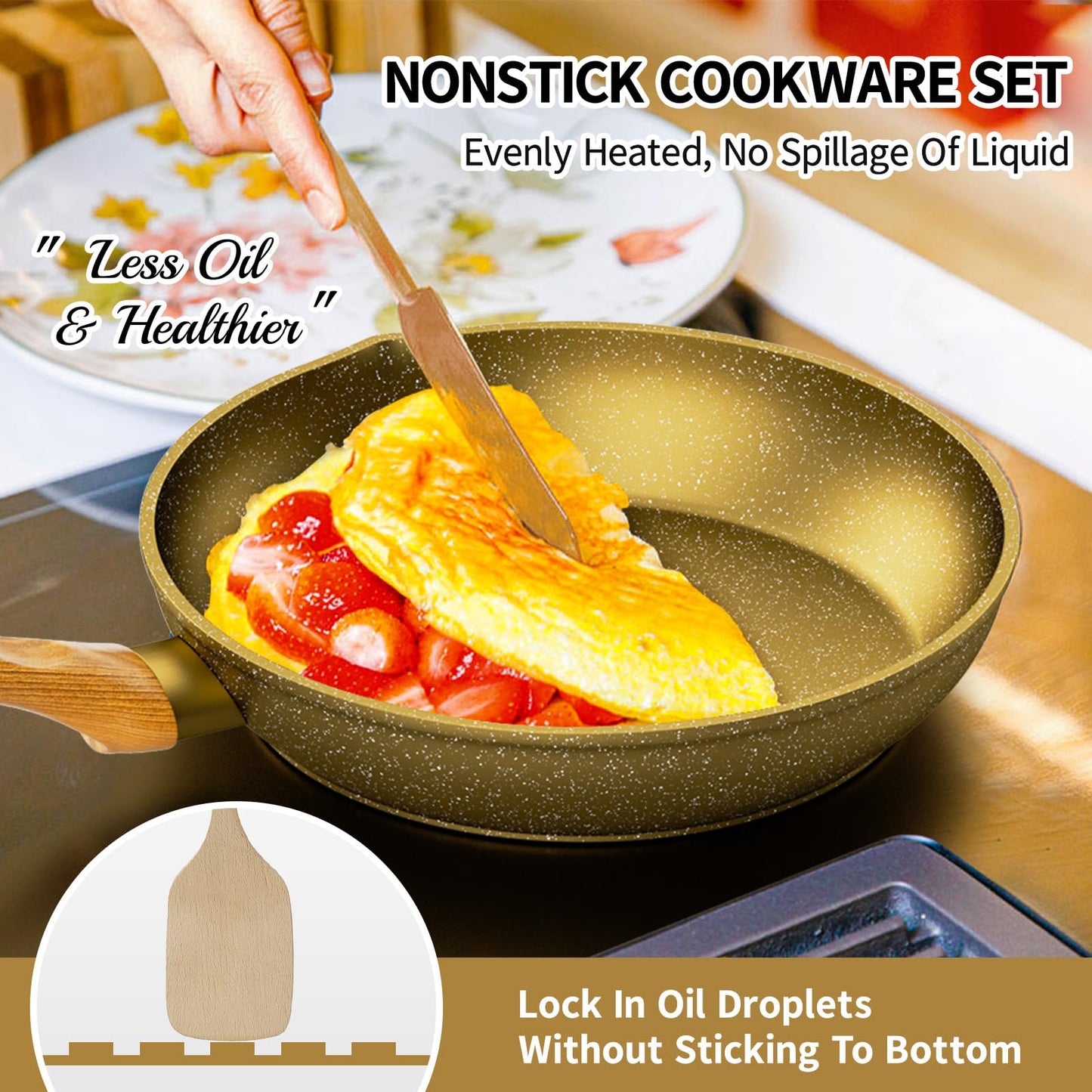 Nonstick Frying Pan Set, Non Stick Sauce Pan Set with Lid Gold Granite Pans