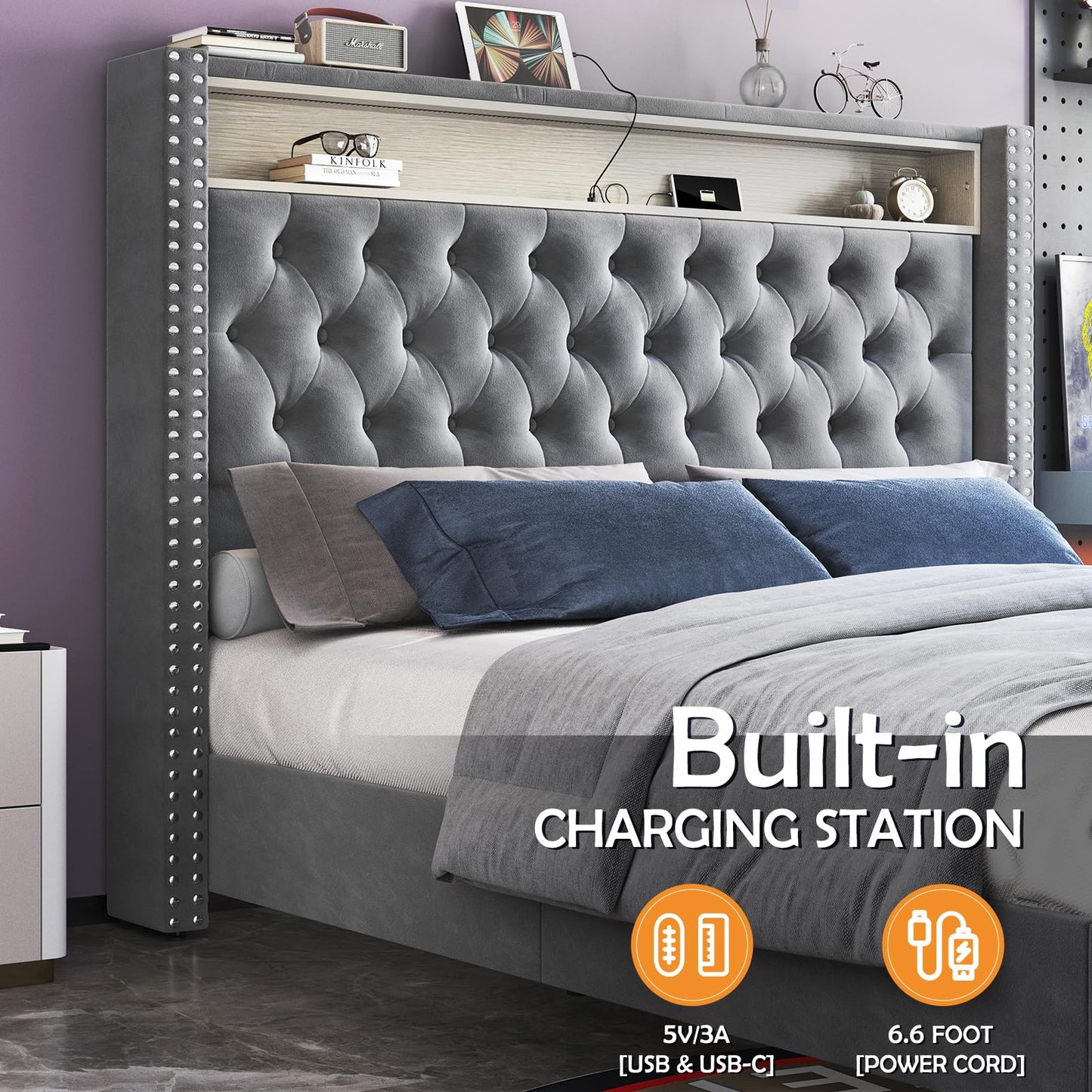 LED King Size Bed Frame and Headboard with Charging Station Velvet Upholstered