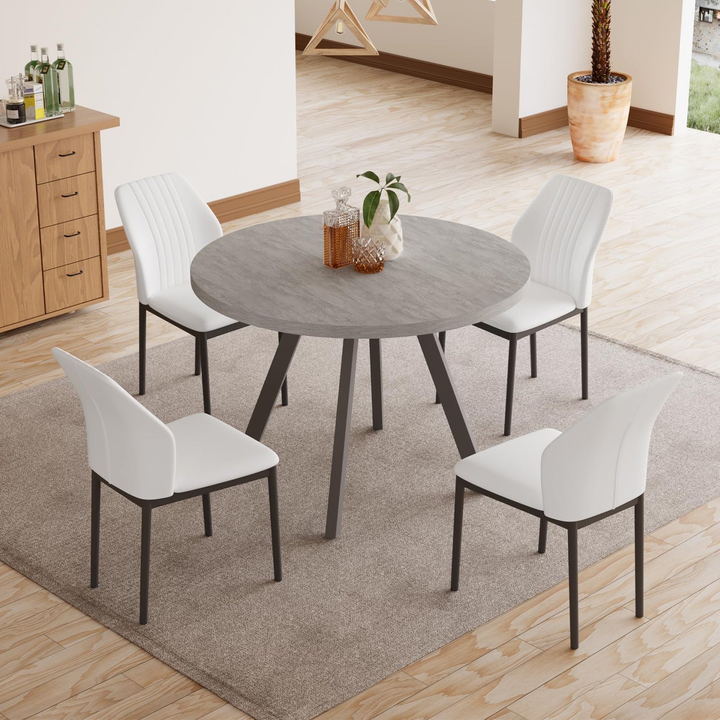 Round Dining Table Set for 4,  (Dining Table + 4 Black Chairs)