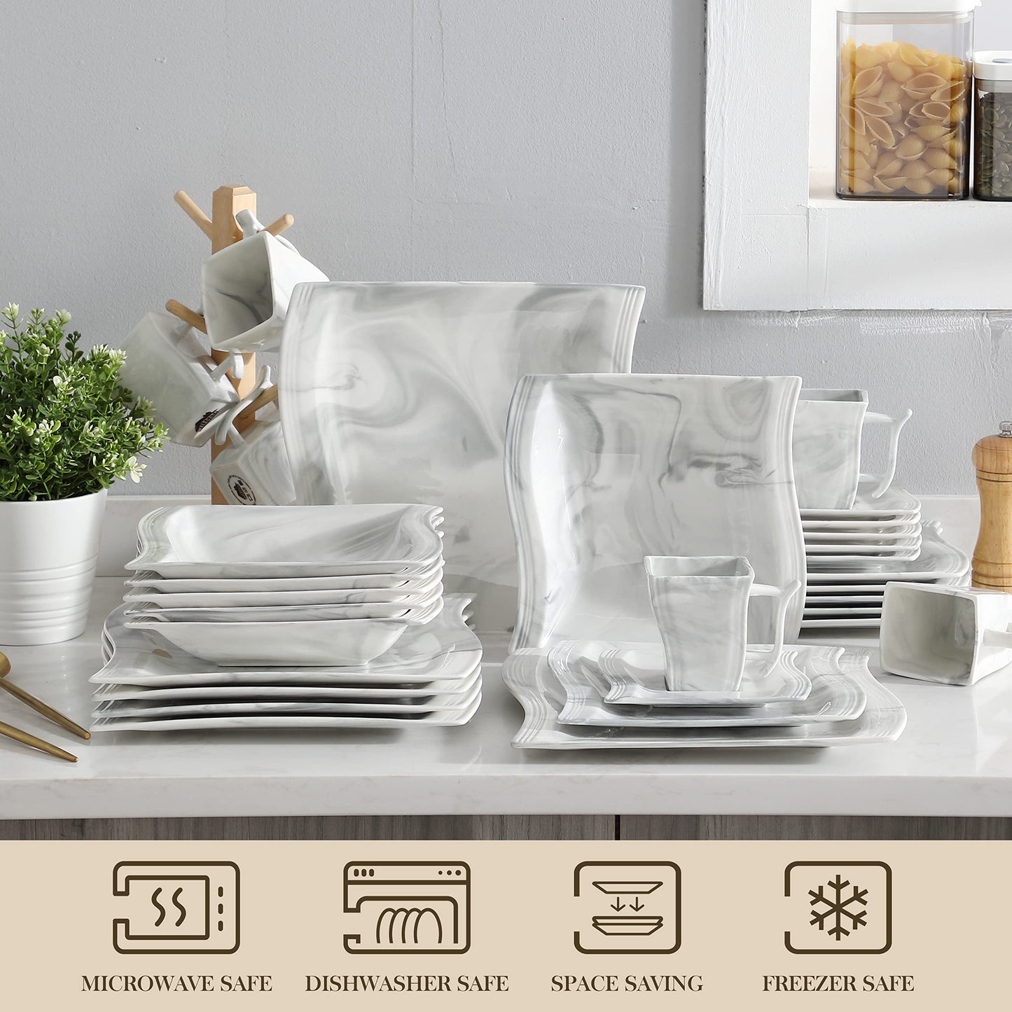 Dinnerware Sets, 12-Piece Porcelain Plates and Bowls Sets, Square Marble