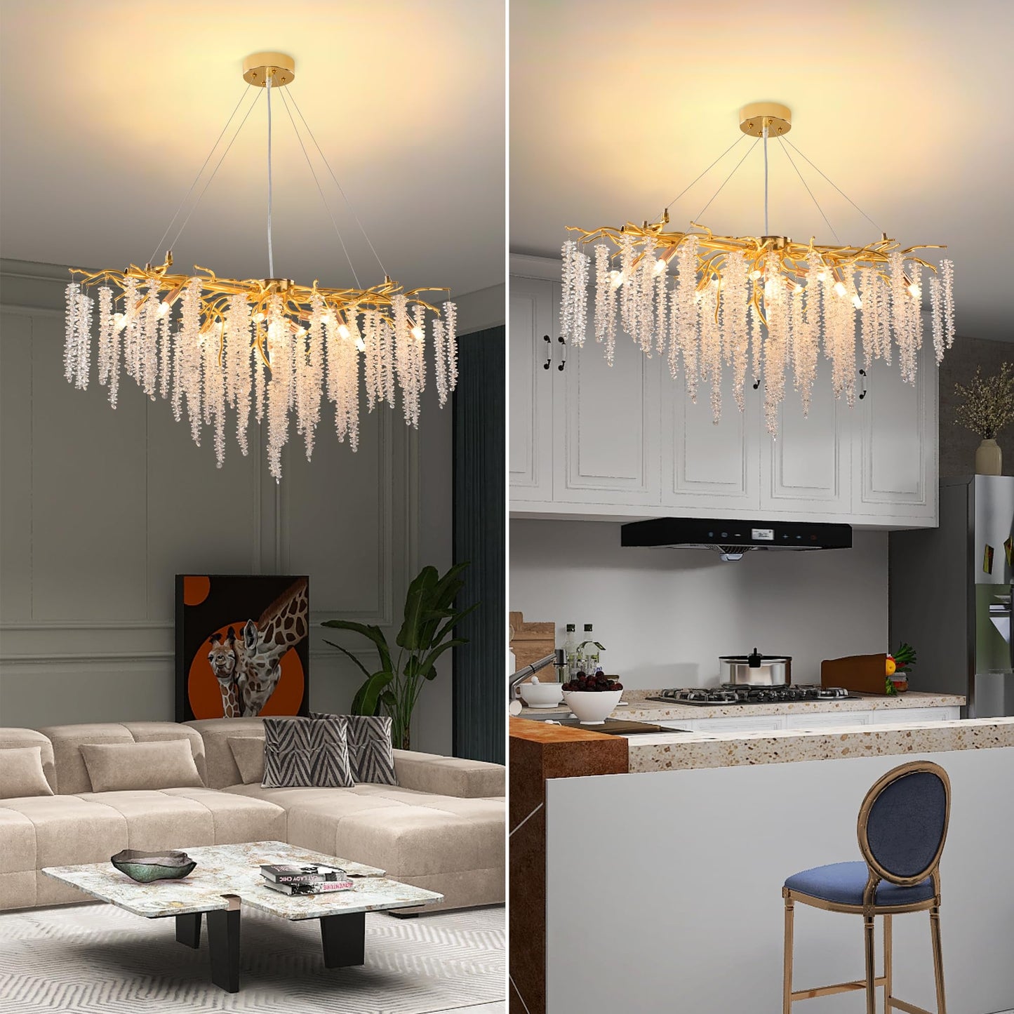 Modern Crystal Tree Branches Chandelier Gold Round Raindrop