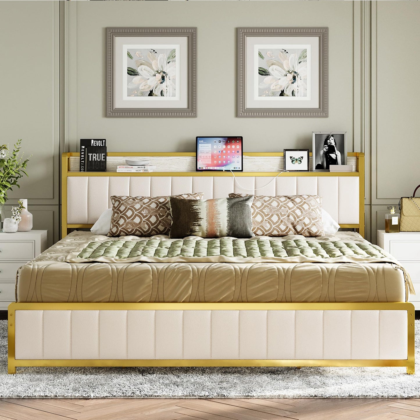 King Bed Frames, Storage Headboard with Charging Station