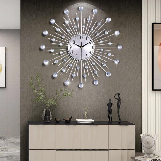 23 Inch Silent Metal Bling Crystal Sunburst Wall Clock Silver Battery Operated