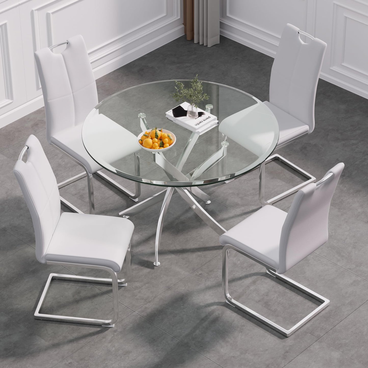 5 Piece Round Glass Dining Table Table Set, Round Glass with 4 PU Dining Chairs