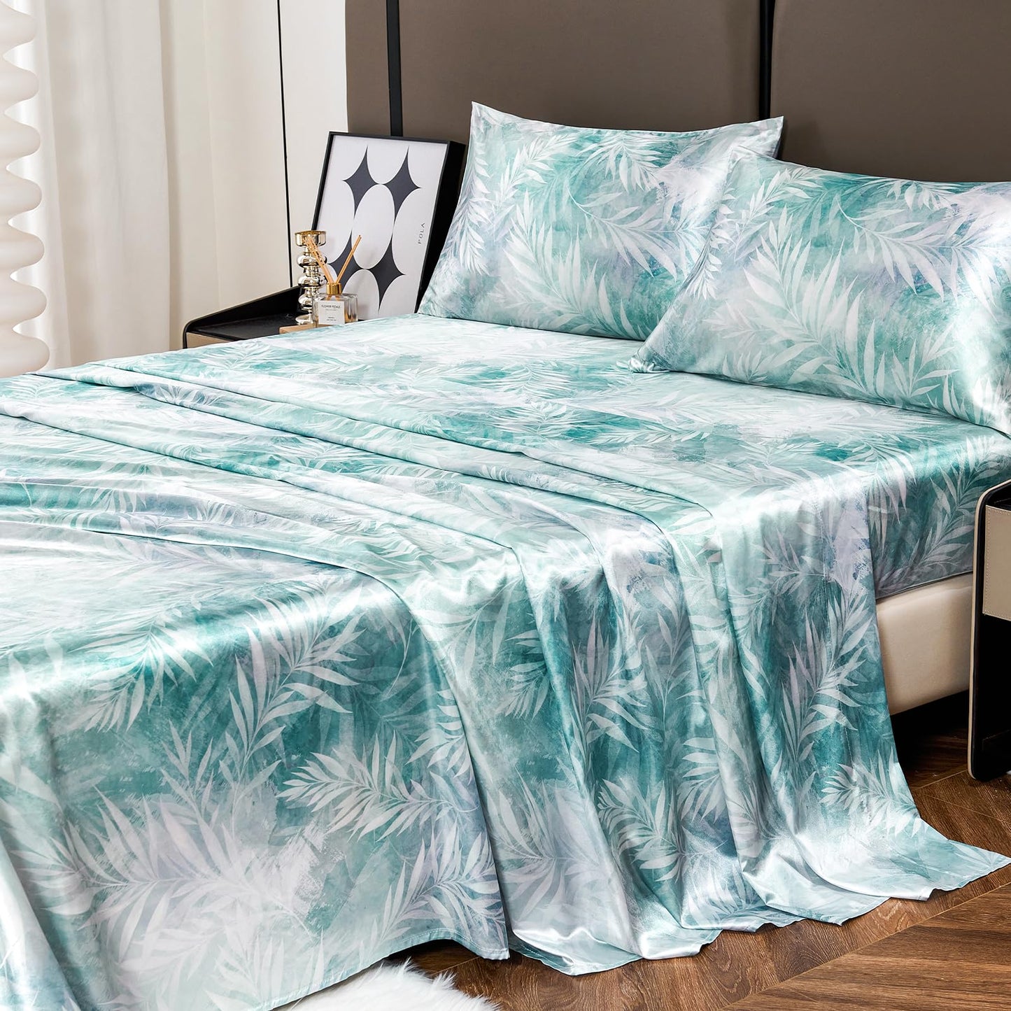 Floral Print - Luxurious Silky Feel Queen Sheet Set - Elegant Smooth Satin Bed Sheets