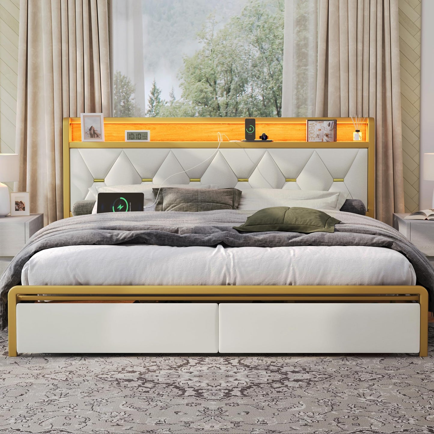 Led King Platform Bed Frame with Faux Leather Storage Headboard