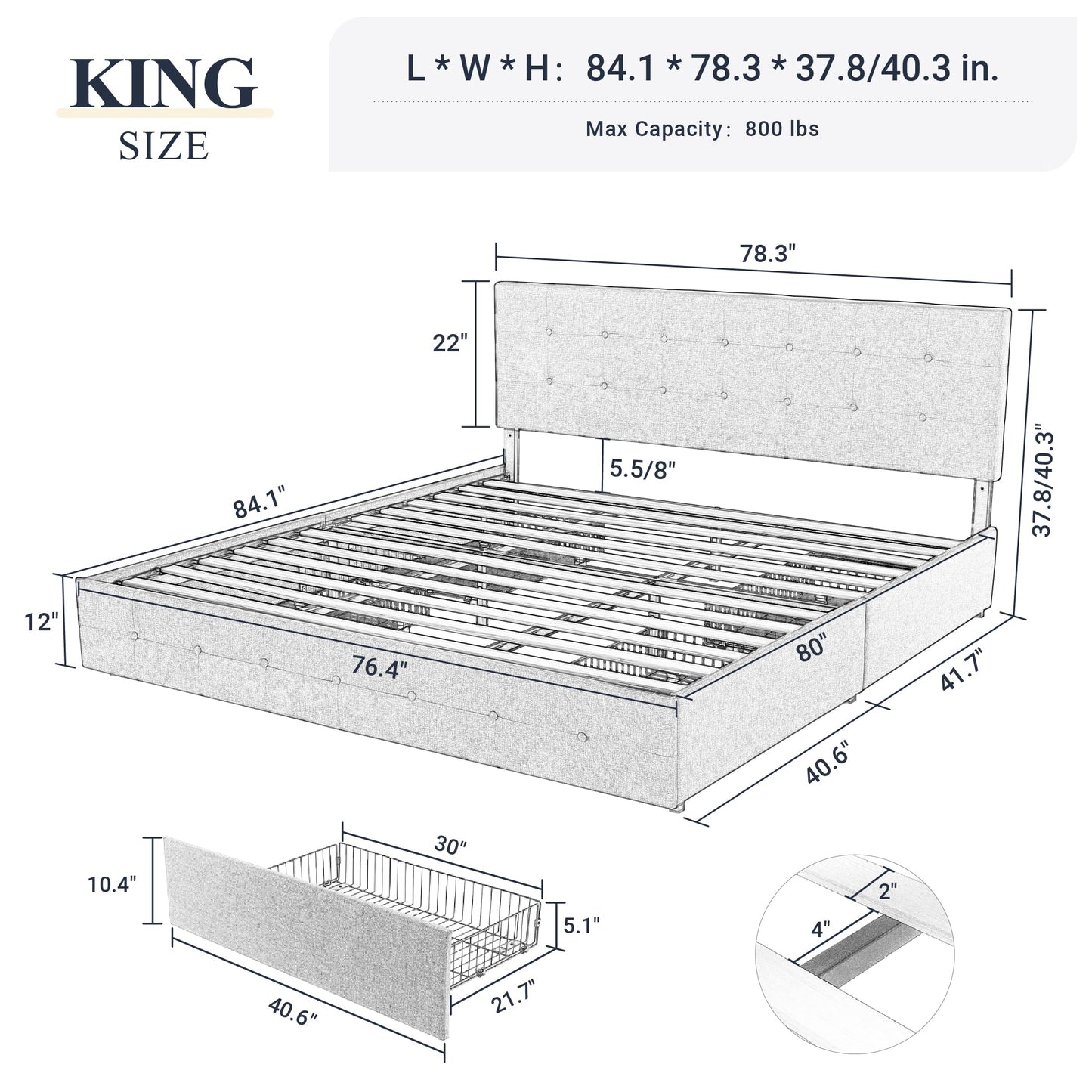 Upholstered Platform Bed Frame with 4 Storage Drawers and Headboard