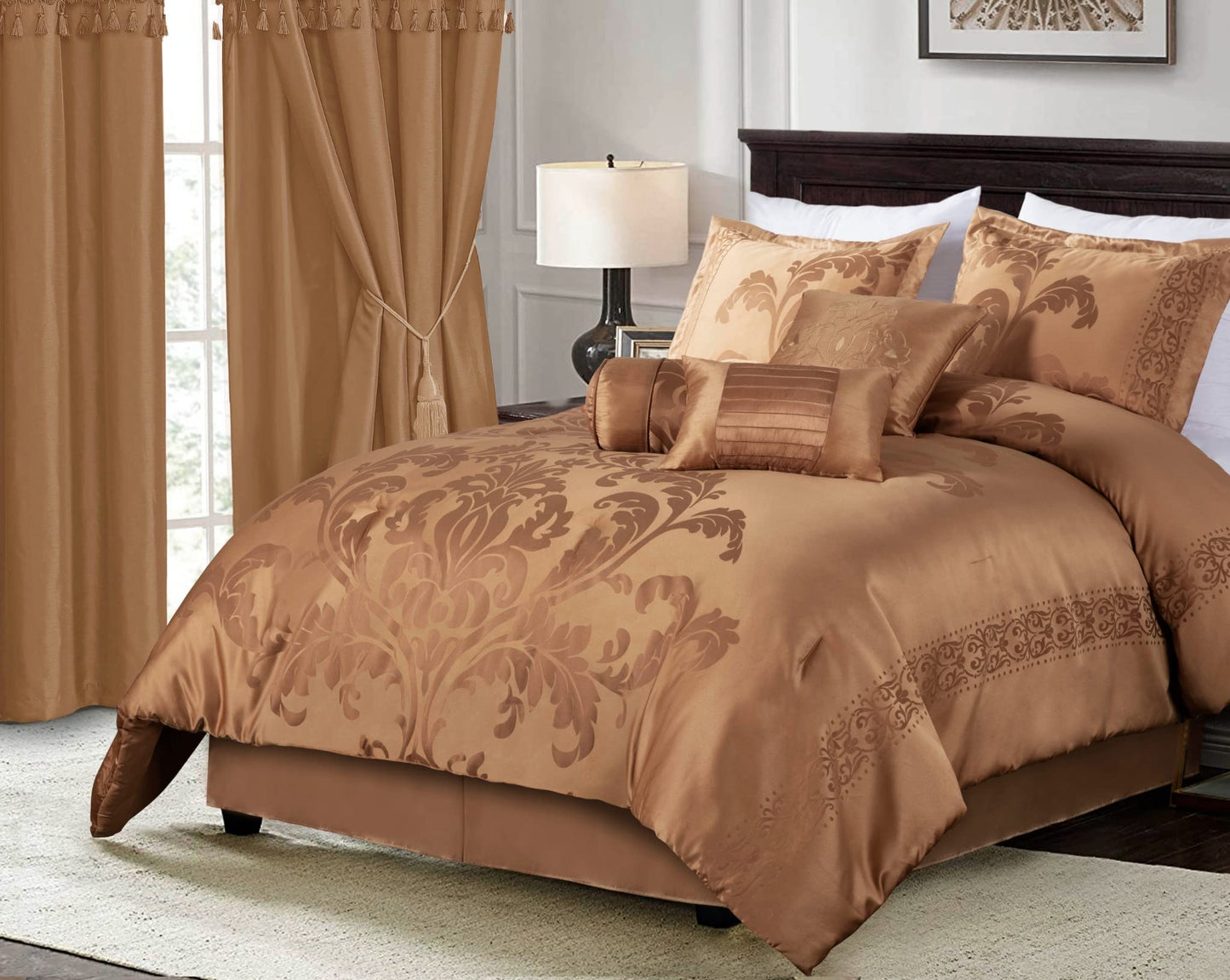 7-Piece Jacquard Floral Comforter Set (Queen, Navy/Gold)