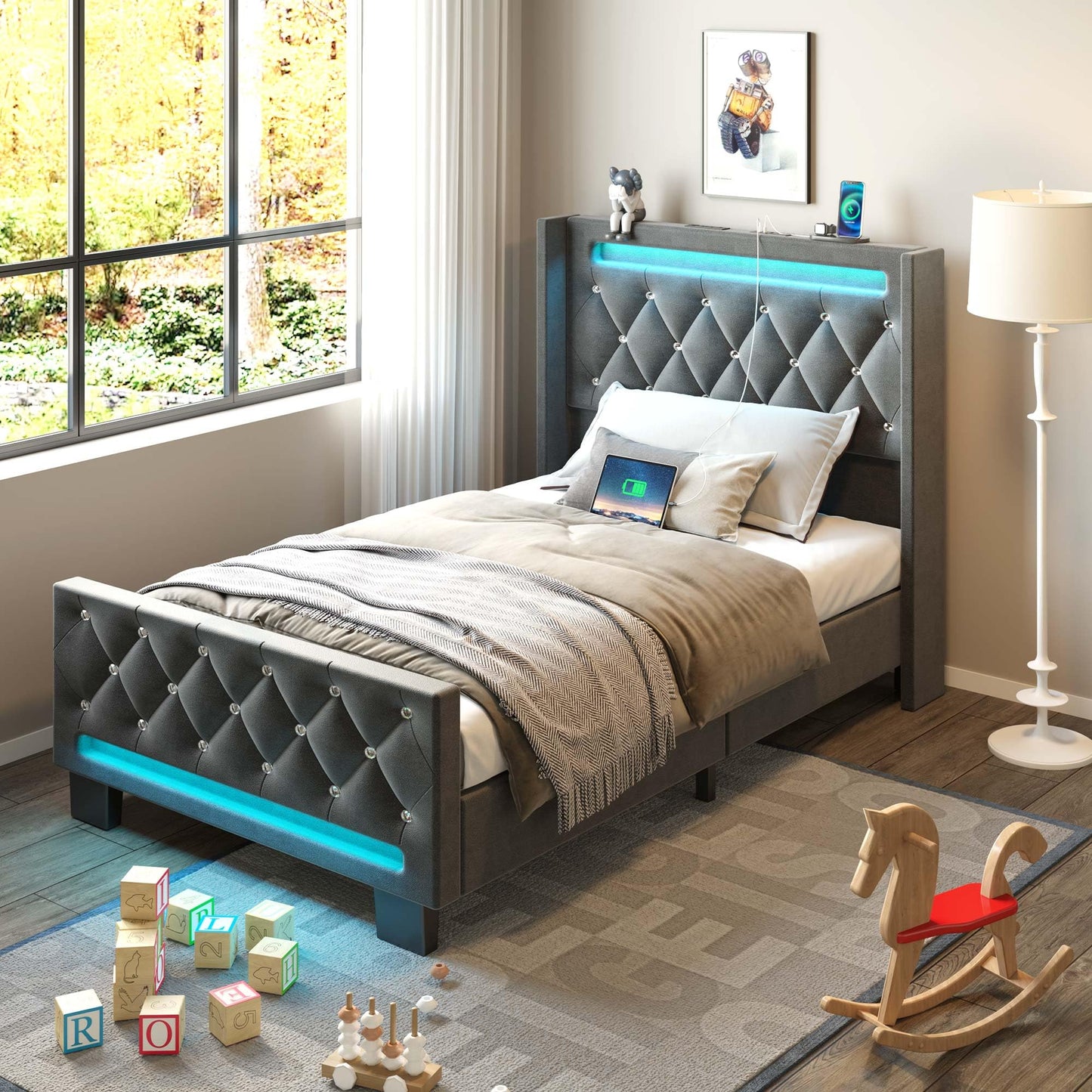 LED Light and Charging Station, Upholstered High Headboard and Footboard