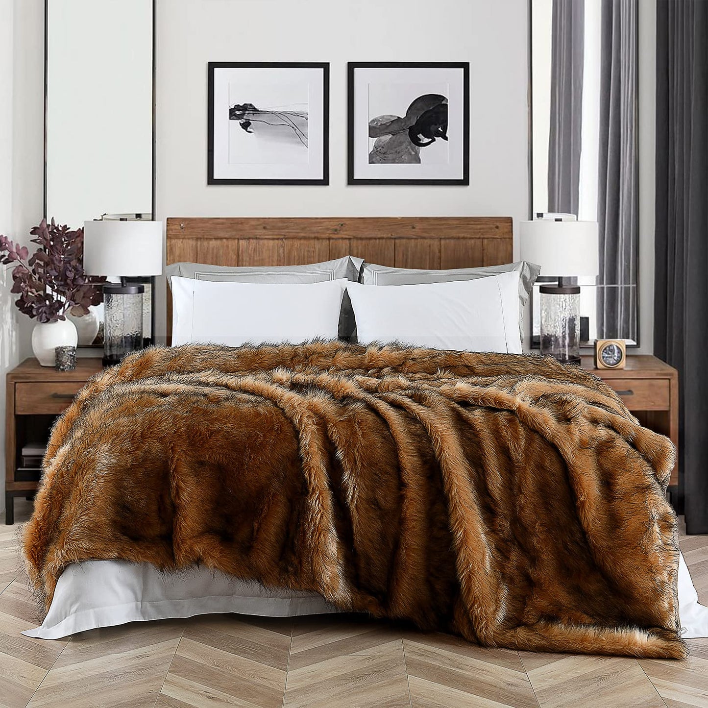 Luxury Plush Faux Fur Blanket King Size, Long Pile Brown with Black