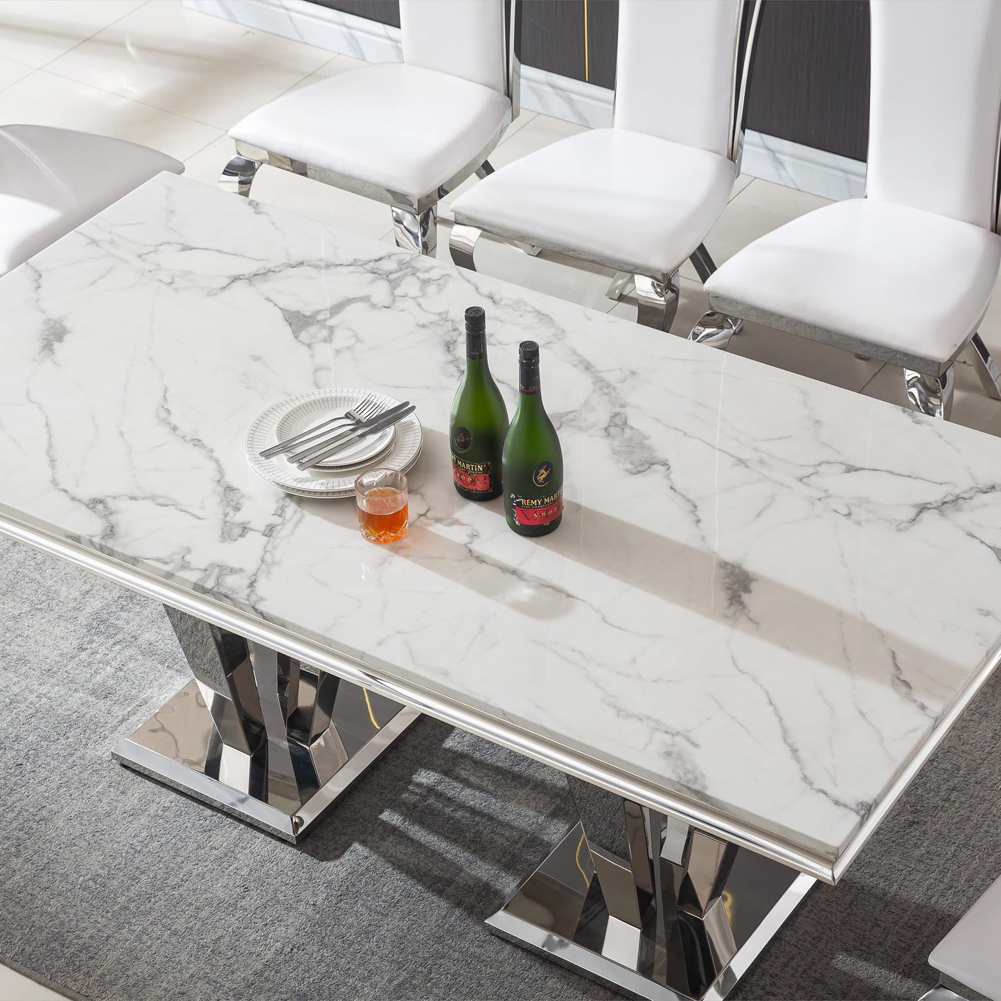 70 Inch White Marble Kitchen Table with Gold Mirrored Cabriole Legs