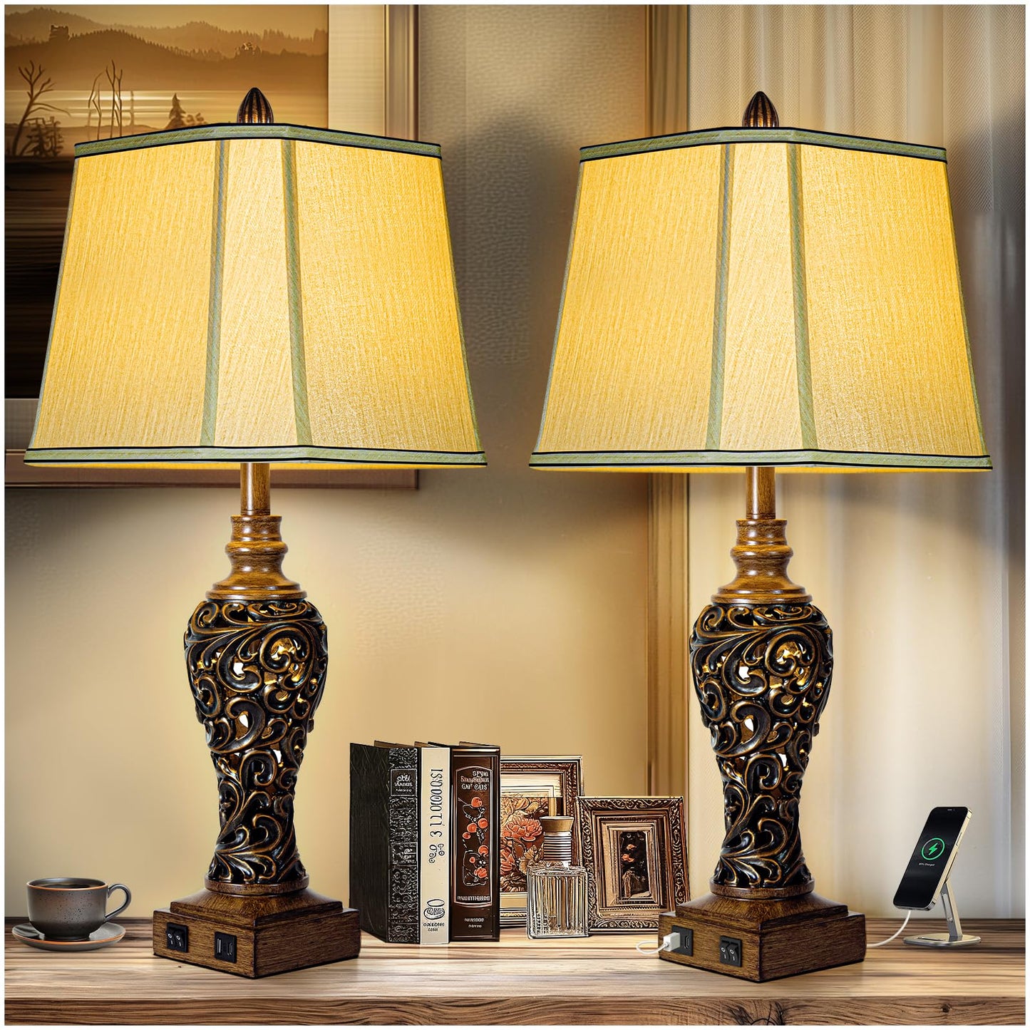 Table Lamps Set of 2 - Fabric Shades with USB and Nightlight