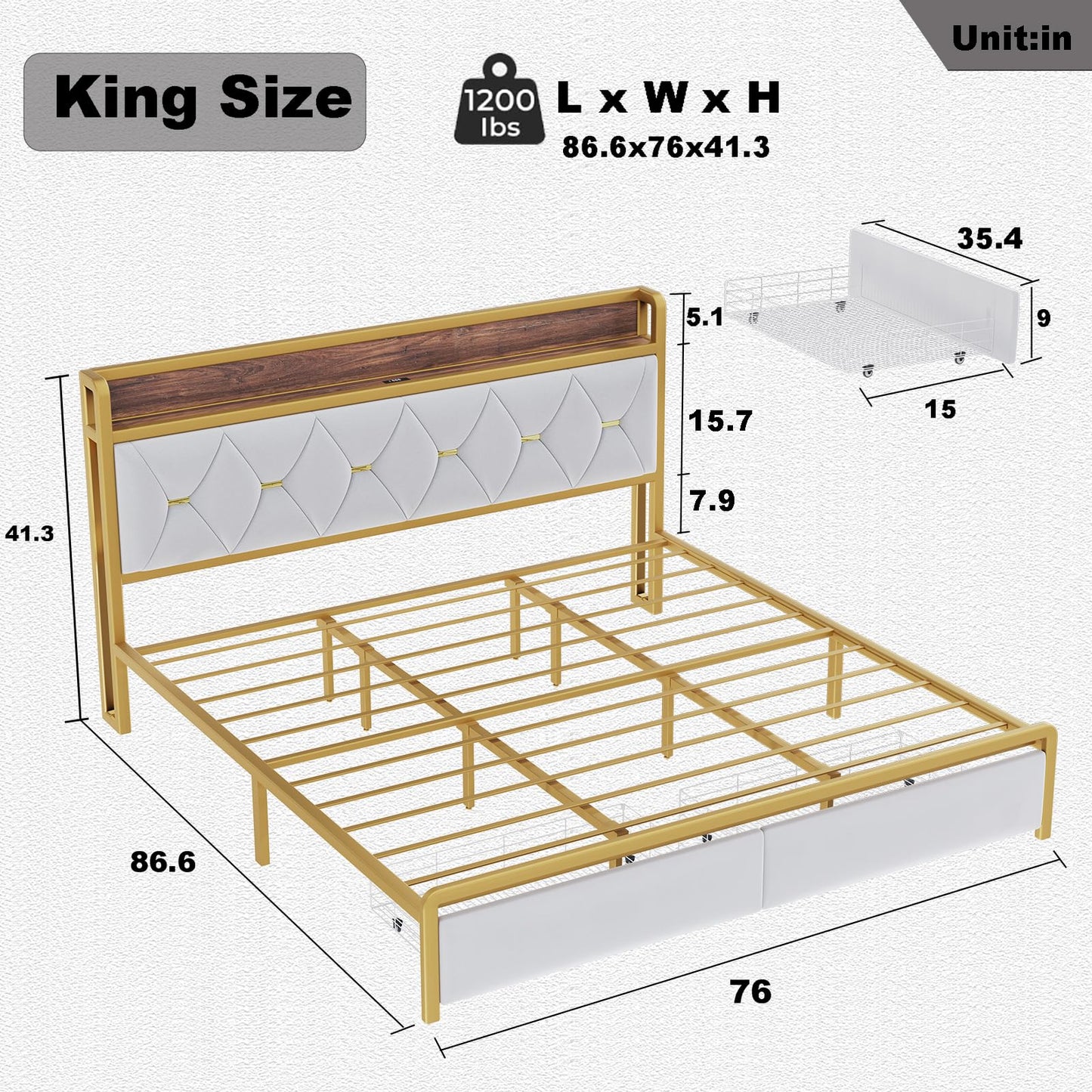 Led King Platform Bed Frame with Faux Leather Storage Headboard