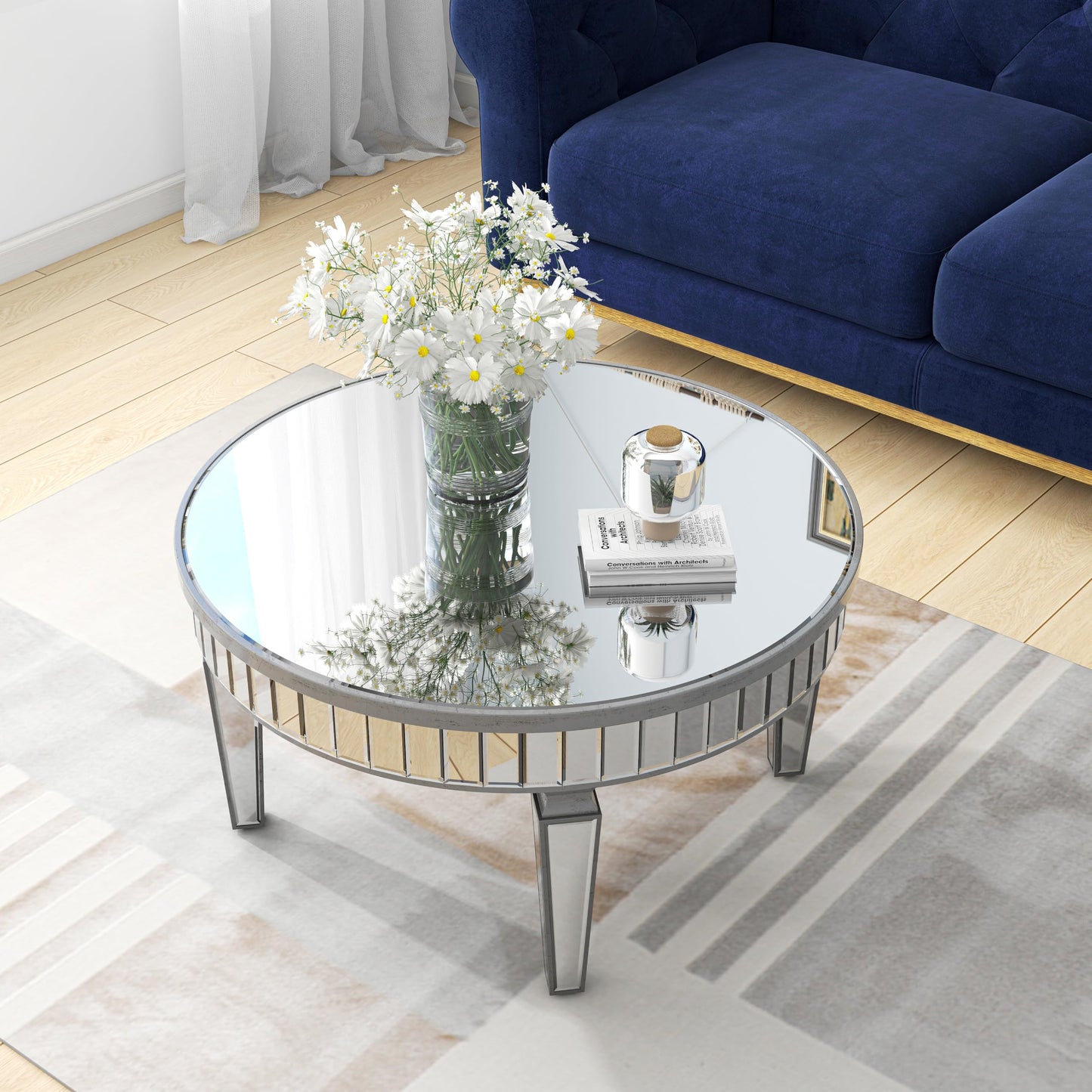 31.5'' Modern Round Coffee Table with Mirror Surface, Silver Accent Table