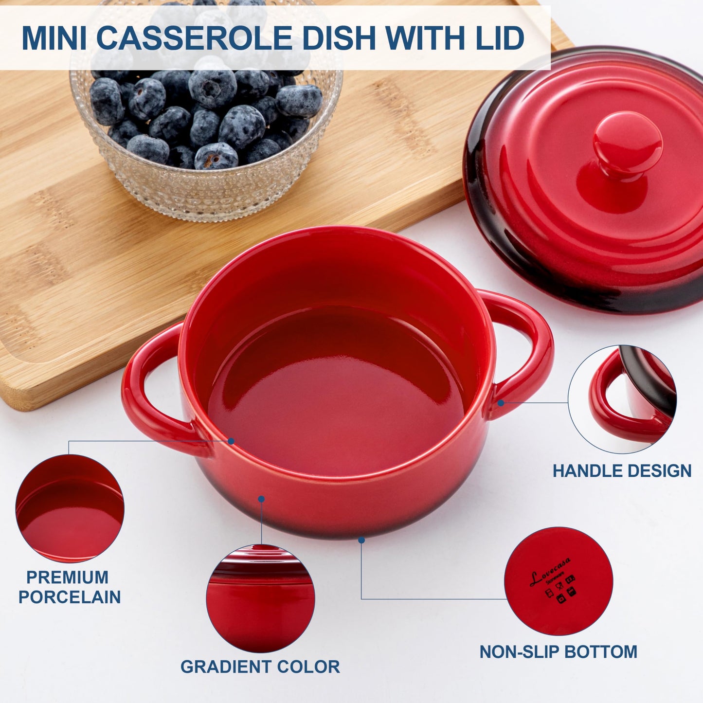 Mini Cocotte Set,14 OZ Small Casserole Dishes with Lids, Soup Bowls With Handles