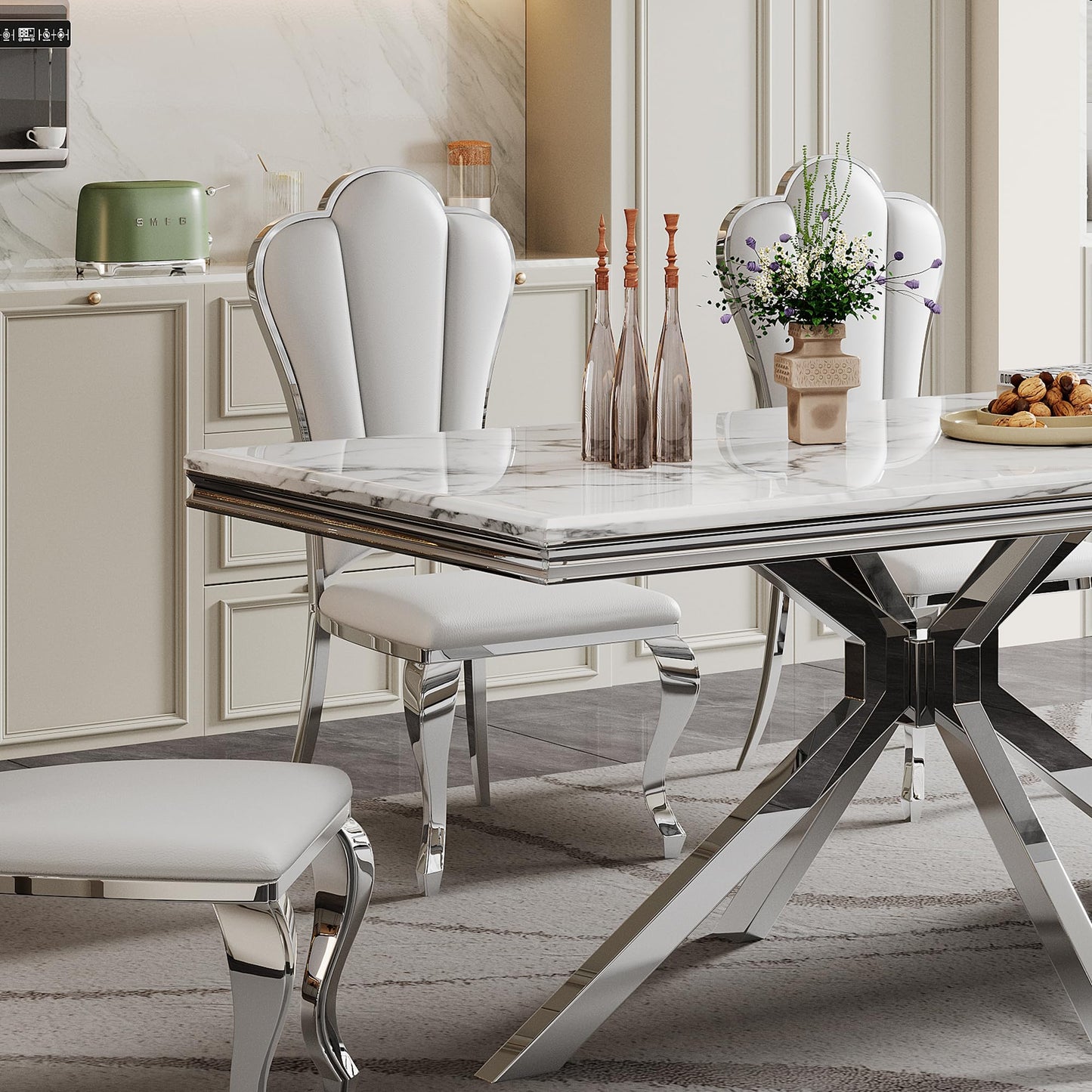 70 Inch White Marble Kitchen Table with Gold Mirrored Cabriole Legs